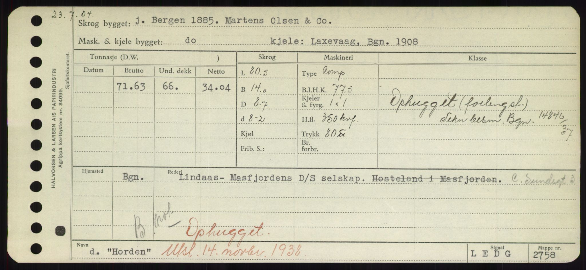 Sjøfartsdirektoratet med forløpere, Skipsmålingen, RA/S-1627/H/Hd/L0017: Fartøy, Holi-Hå, p. 73