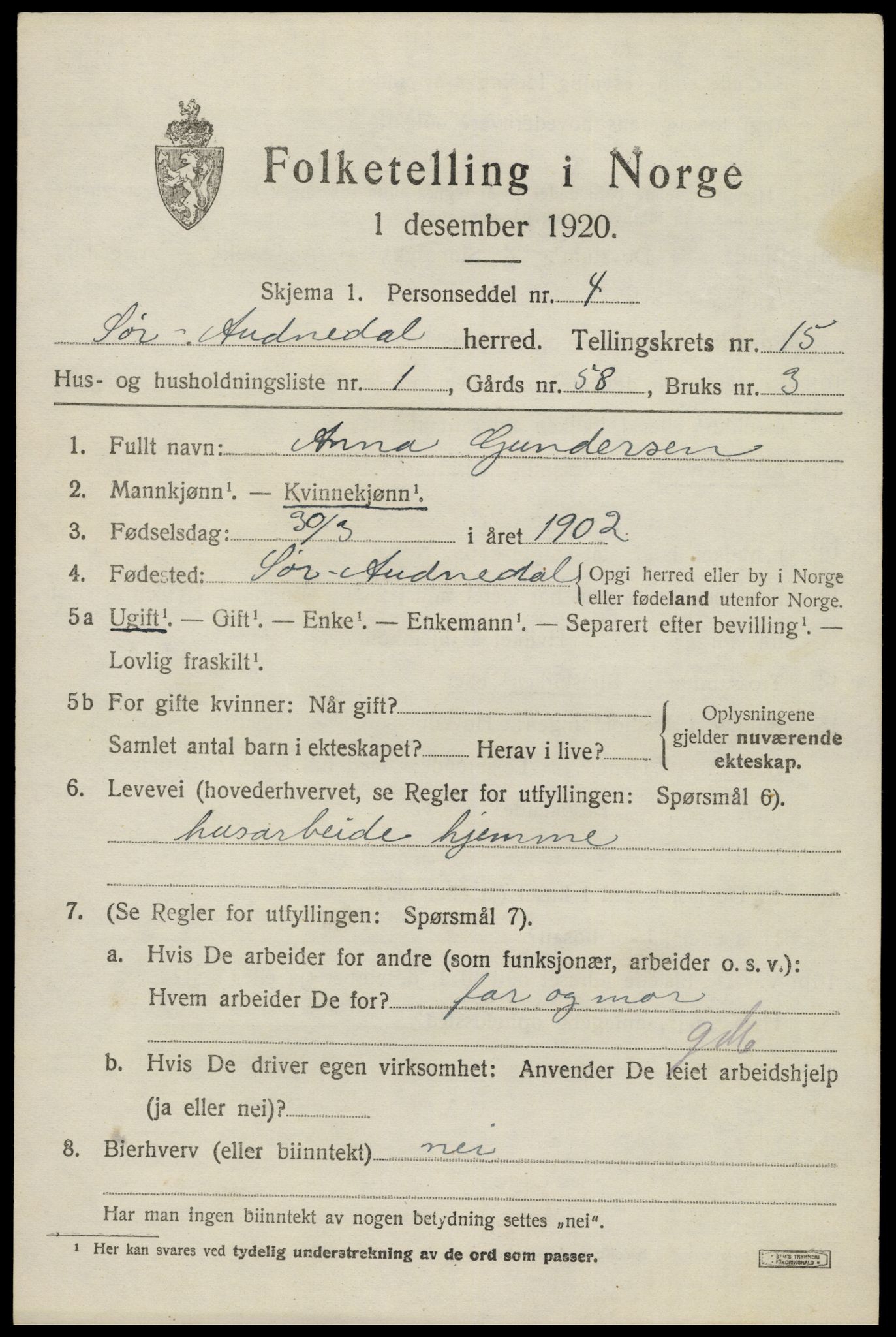 SAK, 1920 census for Sør-Audnedal, 1920, p. 5725