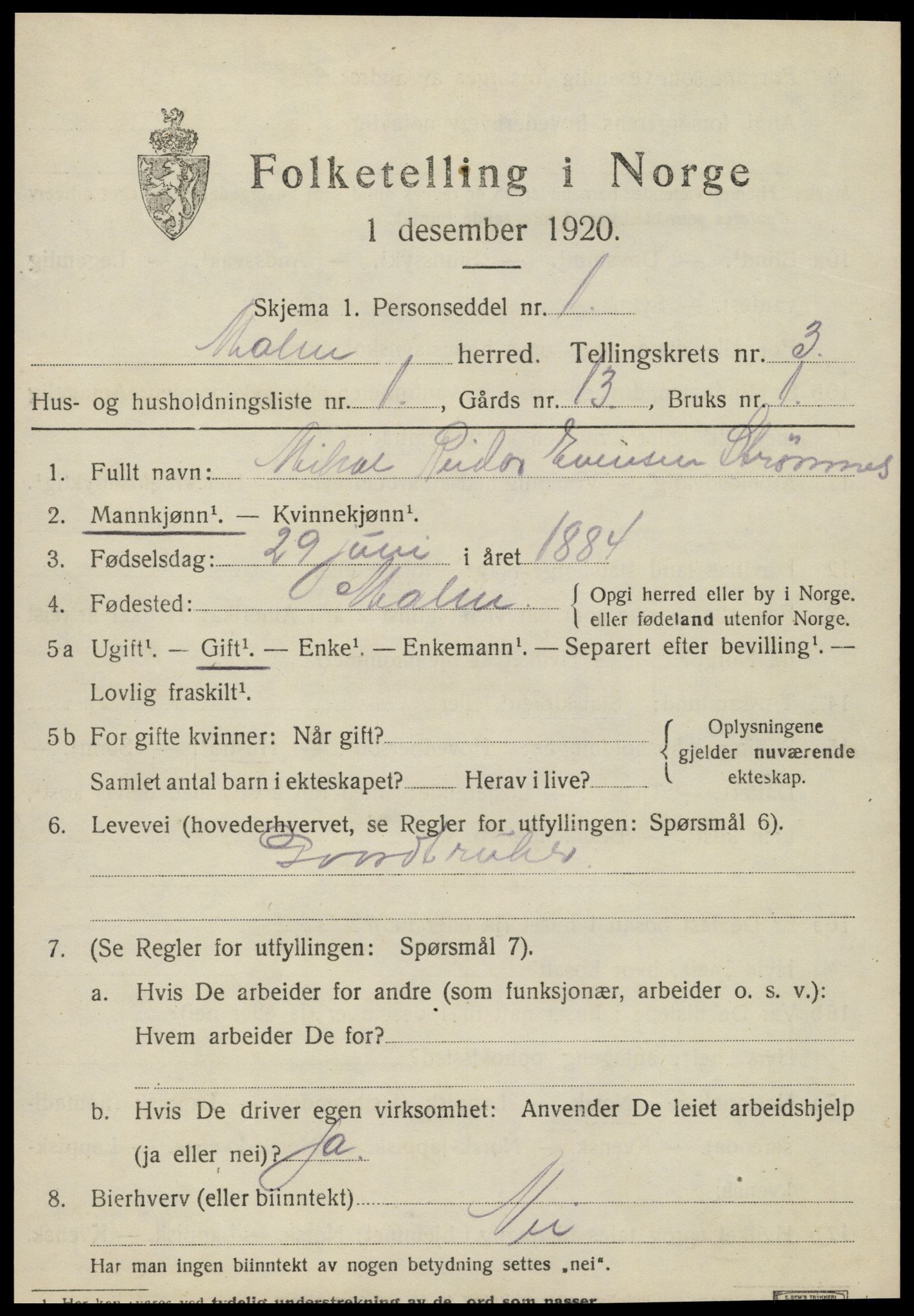 SAT, 1920 census for Malm, 1920, p. 1807