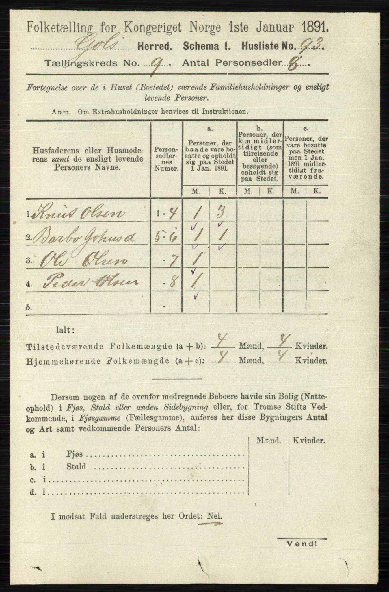 RA, 1891 census for 0617 Gol og Hemsedal, 1891, p. 3392