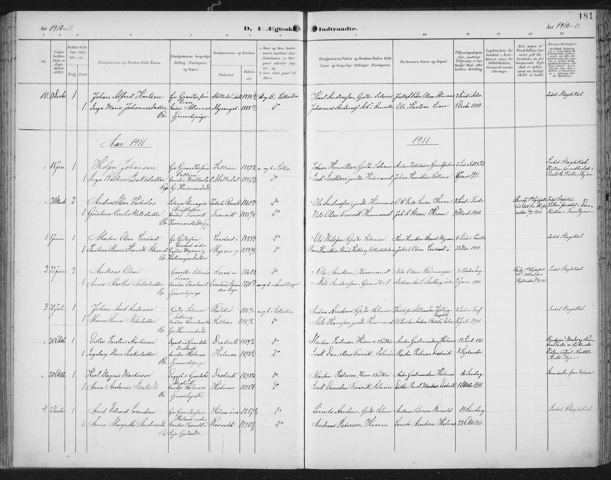 Ministerialprotokoller, klokkerbøker og fødselsregistre - Nord-Trøndelag, AV/SAT-A-1458/701/L0011: Parish register (official) no. 701A11, 1899-1915, p. 181