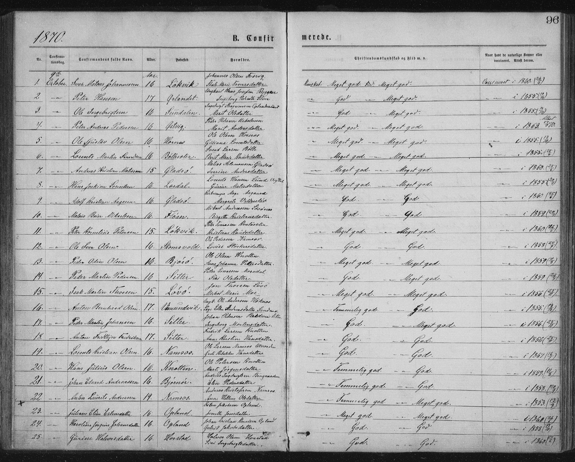 Ministerialprotokoller, klokkerbøker og fødselsregistre - Nord-Trøndelag, SAT/A-1458/771/L0596: Parish register (official) no. 771A03, 1870-1884, p. 96