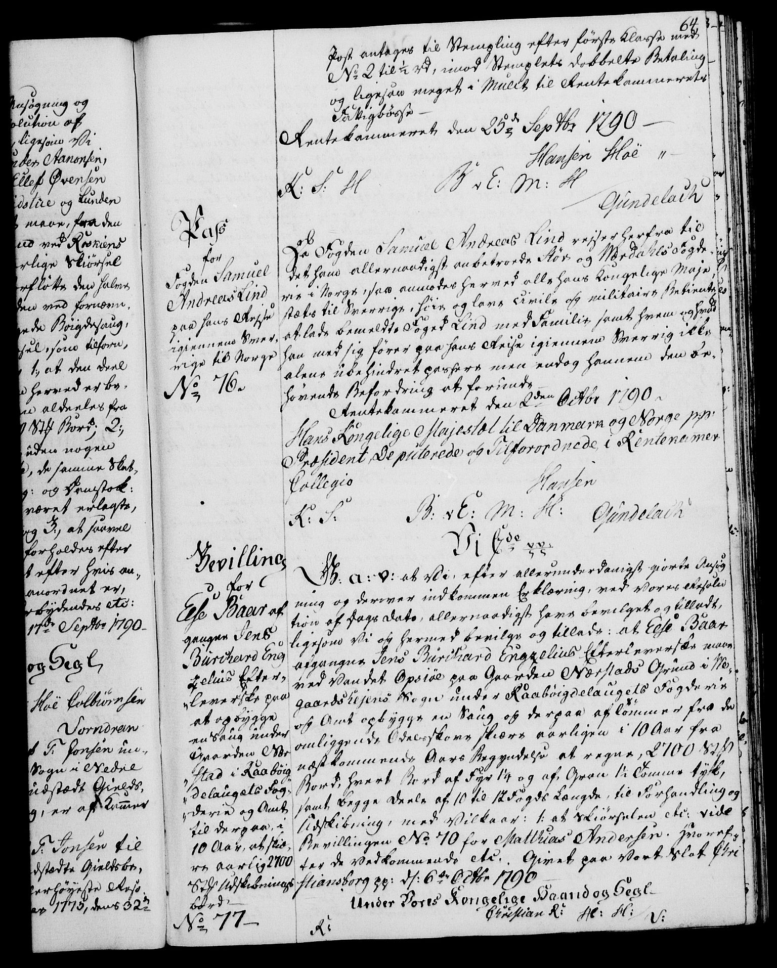 Rentekammeret, Kammerkanselliet, RA/EA-3111/G/Gg/Gga/L0015: Norsk ekspedisjonsprotokoll med register (merket RK 53.15), 1790-1791, p. 64