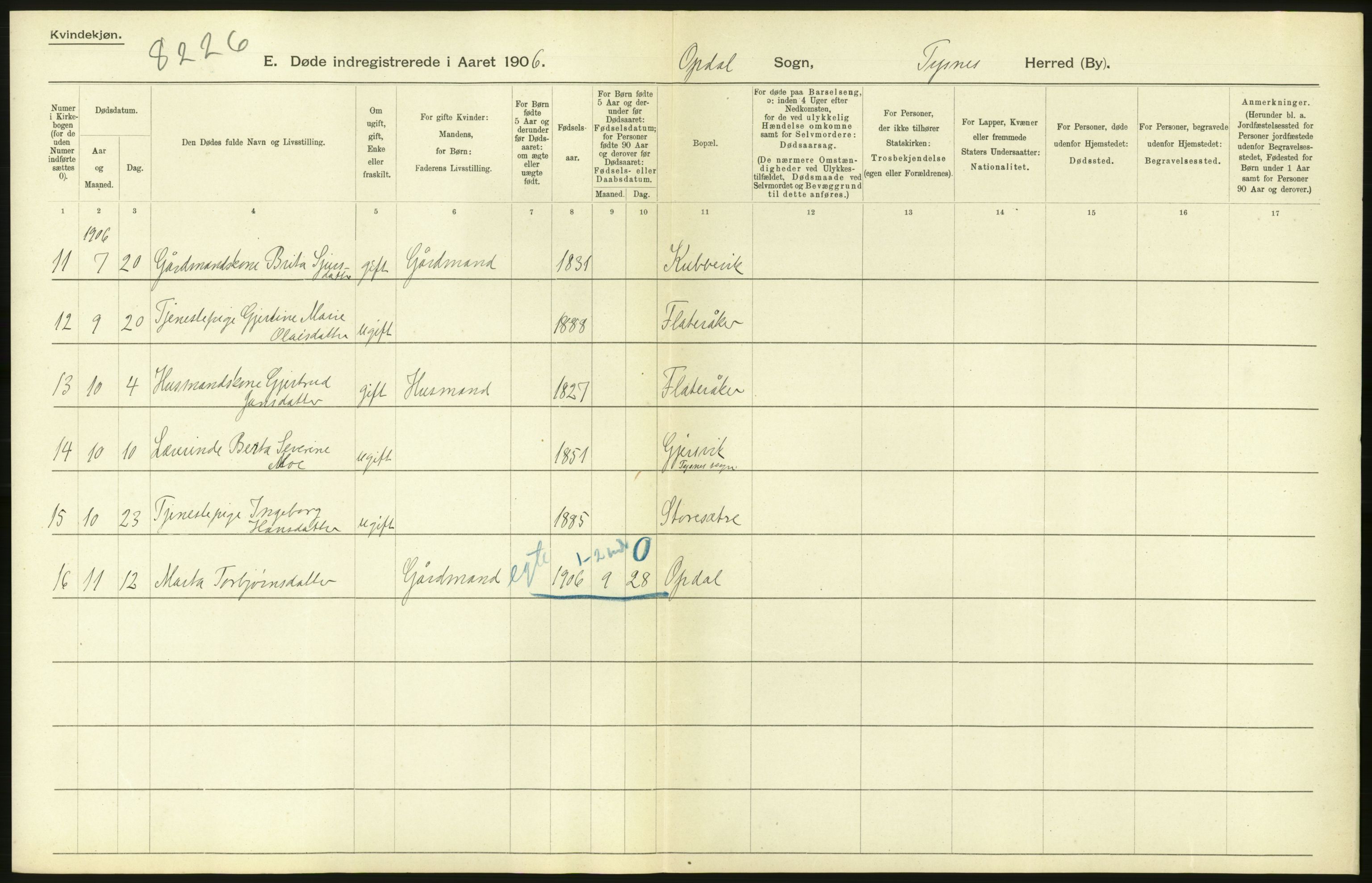 Statistisk sentralbyrå, Sosiodemografiske emner, Befolkning, AV/RA-S-2228/D/Df/Dfa/Dfad/L0030: S. Bergenhus amt: Døde. Bygder., 1906, p. 22