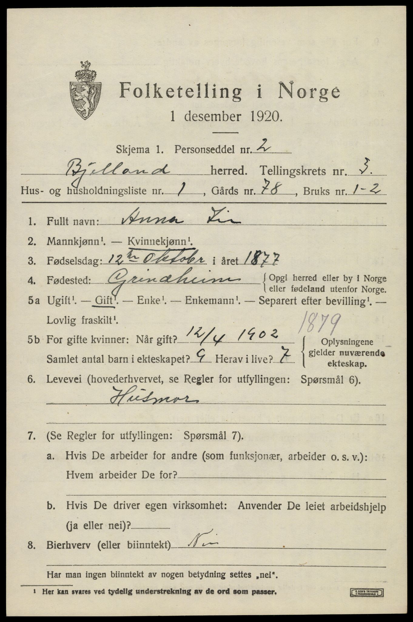 SAK, 1920 census for Bjelland, 1920, p. 955