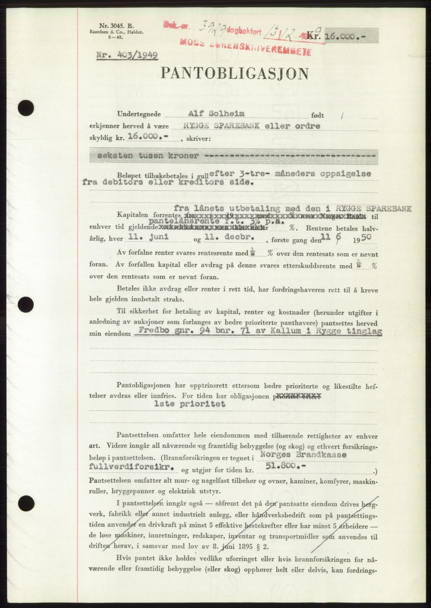 Moss sorenskriveri, SAO/A-10168: Mortgage book no. B23, 1949-1950, Diary no: : 3929/1949