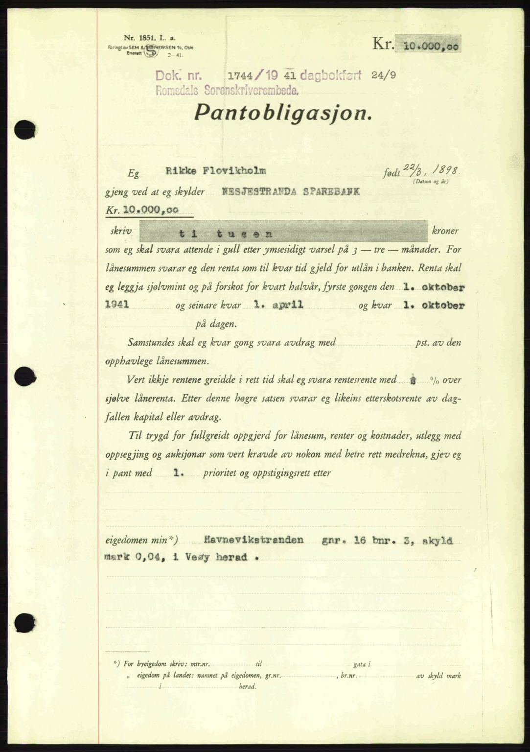 Romsdal sorenskriveri, AV/SAT-A-4149/1/2/2C: Mortgage book no. B2, 1939-1945, Diary no: : 1744/1941