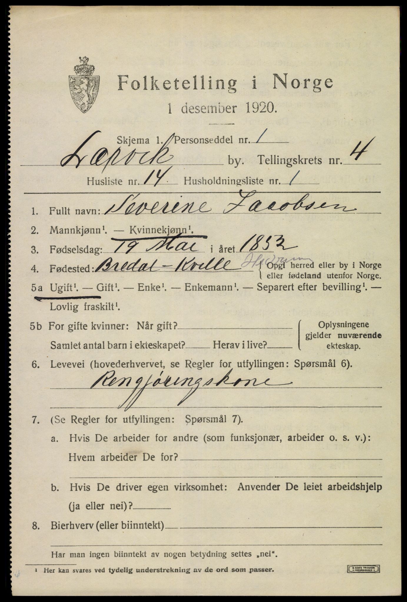 SAKO, 1920 census for Larvik, 1920, p. 13650