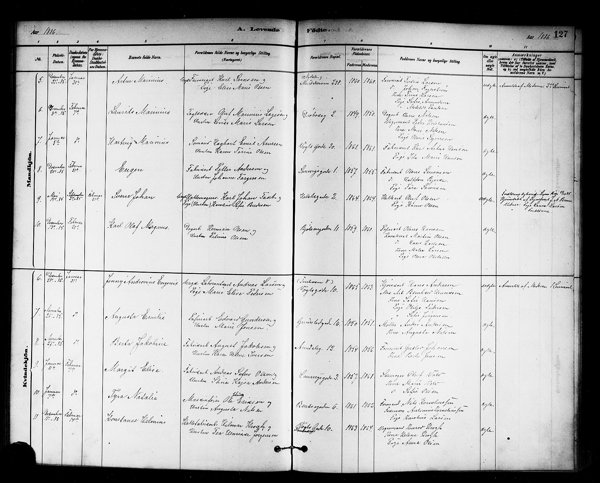 Sagene prestekontor Kirkebøker, SAO/A-10796/G/L0001: Parish register (copy) no. 1, 1880-1891, p. 127