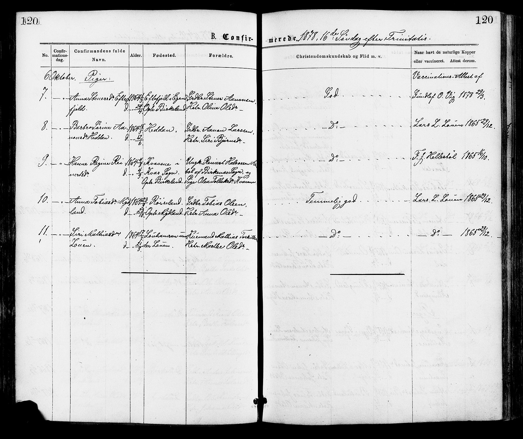 Hægebostad sokneprestkontor, AV/SAK-1111-0024/F/Fa/Faa/L0005: Parish register (official) no. A 5, 1864-1886, p. 120