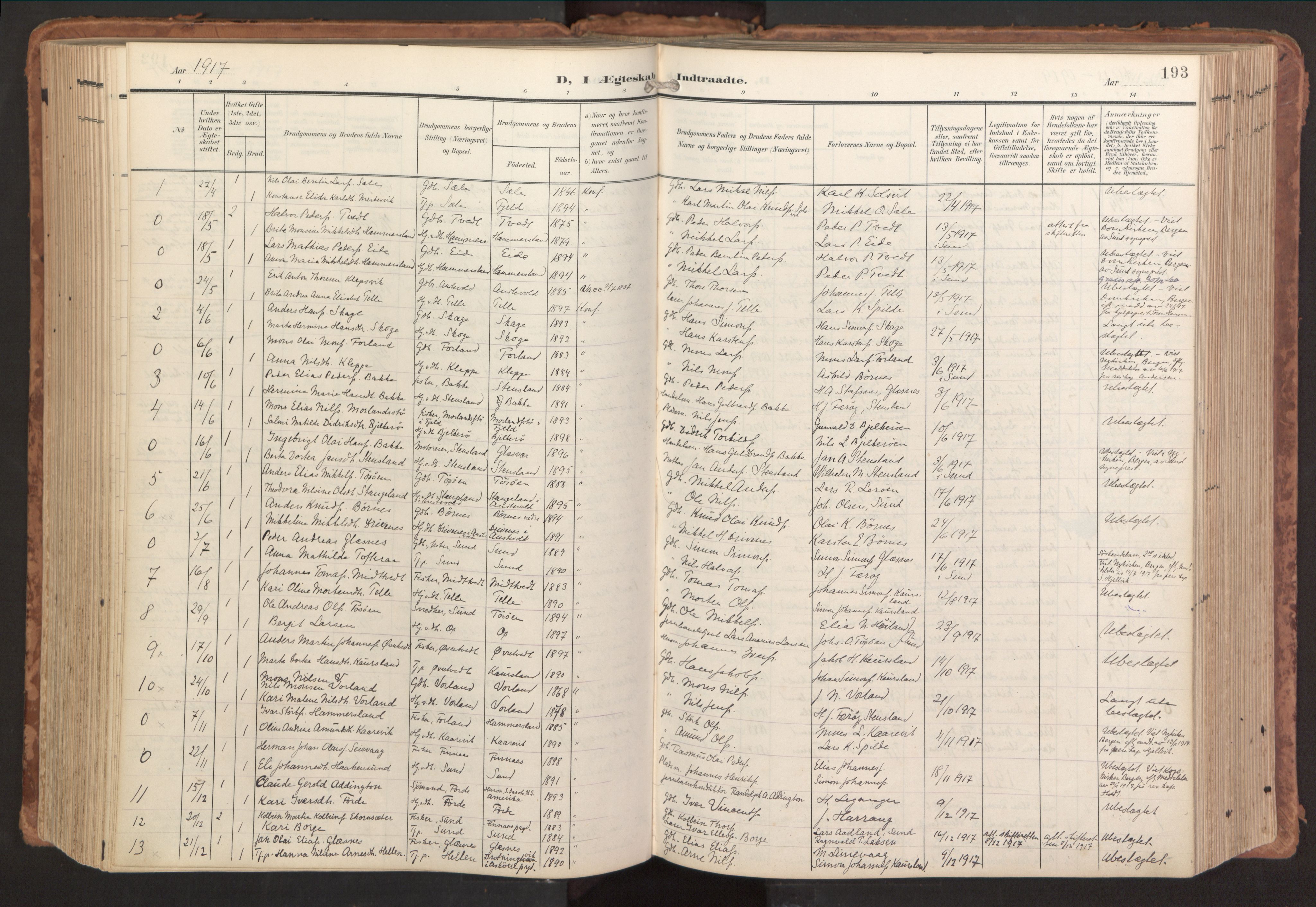 Sund sokneprestembete, AV/SAB-A-99930: Parish register (official) no. B 2, 1907-1926, p. 193