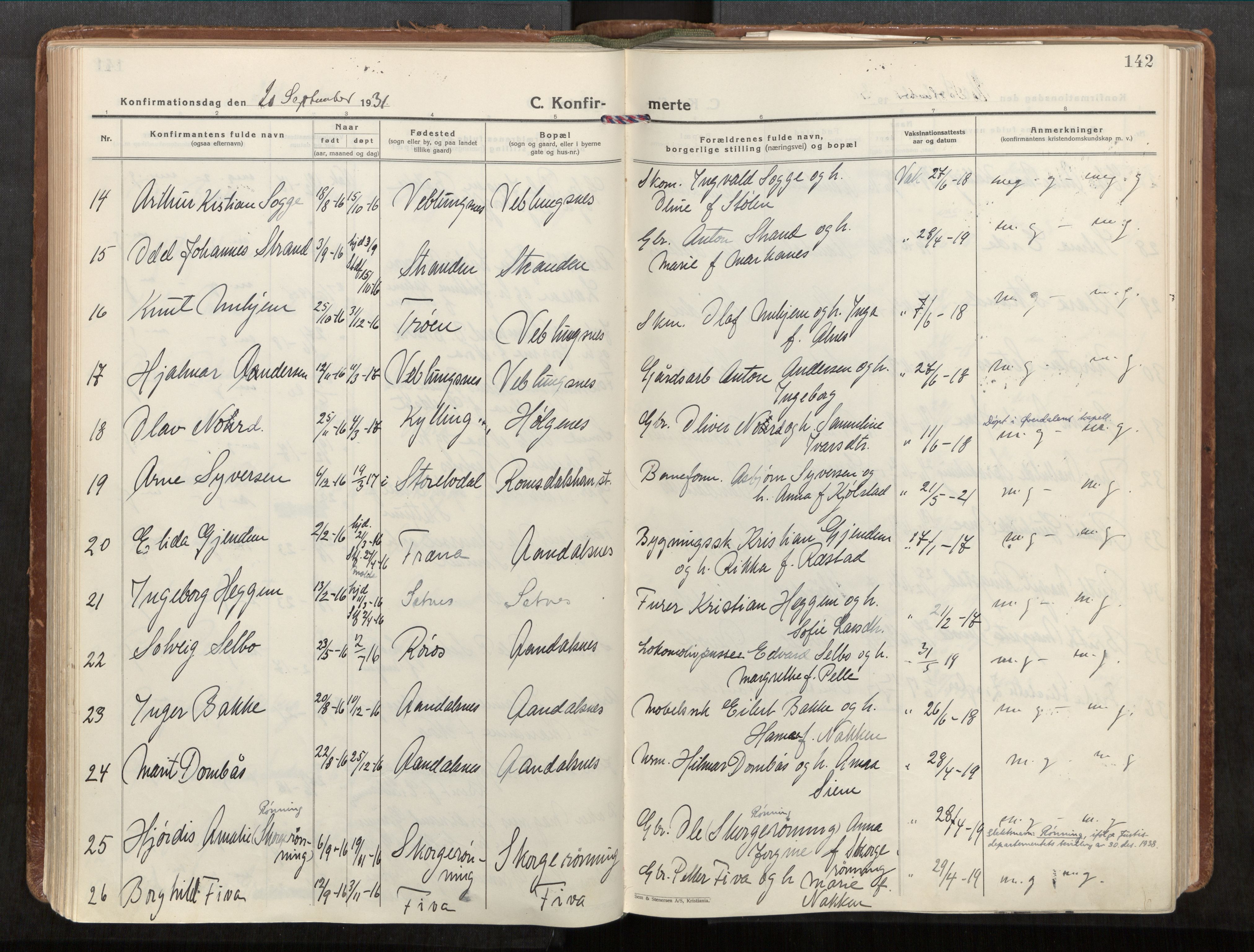 Ministerialprotokoller, klokkerbøker og fødselsregistre - Møre og Romsdal, SAT/A-1454/544/L0587: Parish register (official) no. 544A11, 1924-1954, p. 142