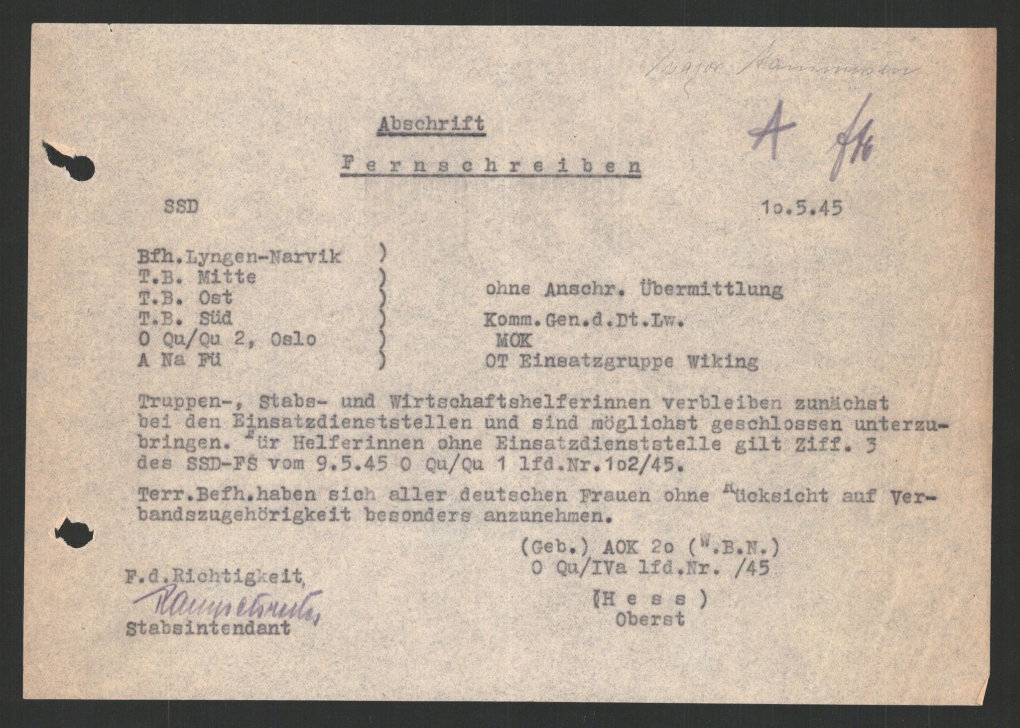Forsvarets Overkommando. 2 kontor. Arkiv 11.4. Spredte tyske arkivsaker, AV/RA-RAFA-7031/D/Dar/Dara/L0012: AOK Diverse, 1945, p. 16
