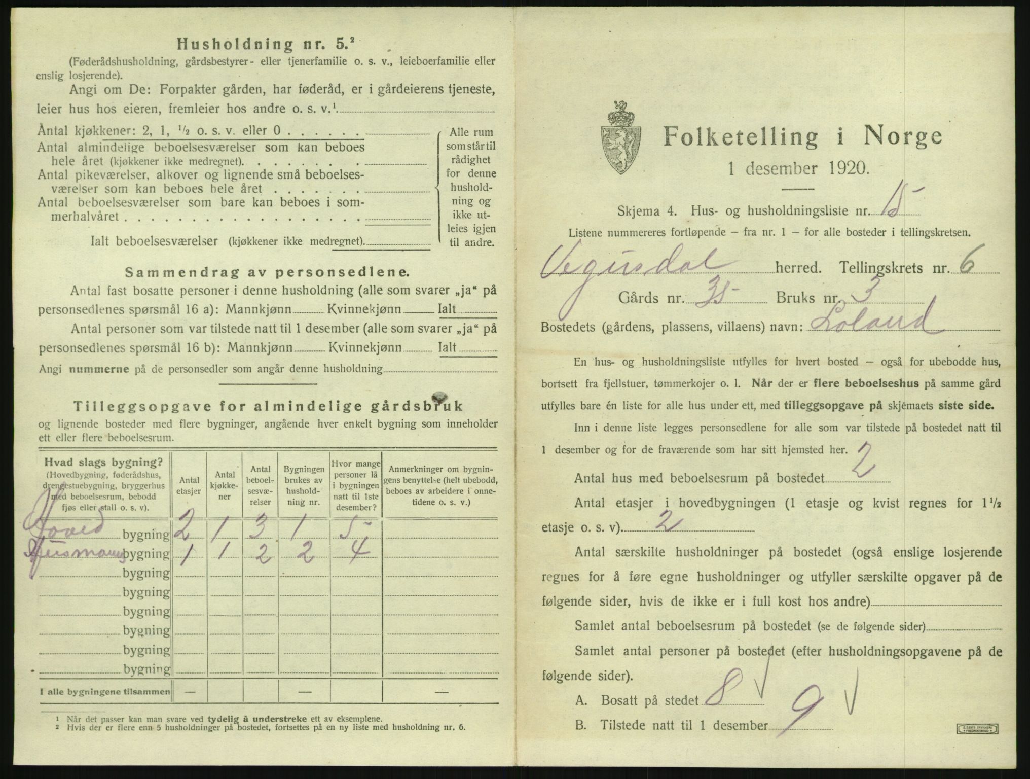 SAK, 1920 census for Vegusdal, 1920, p. 265