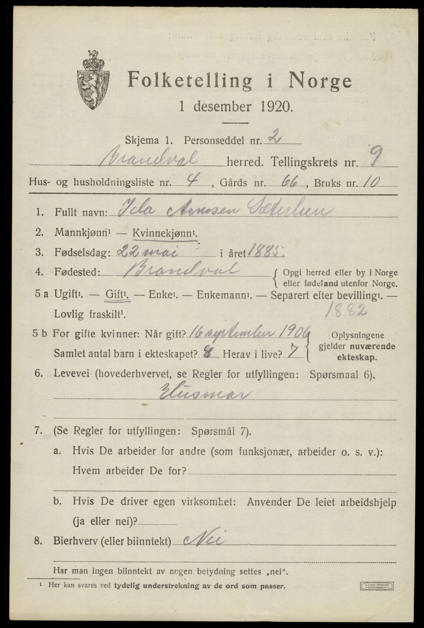 SAH, 1920 census for Brandval, 1920, p. 7320