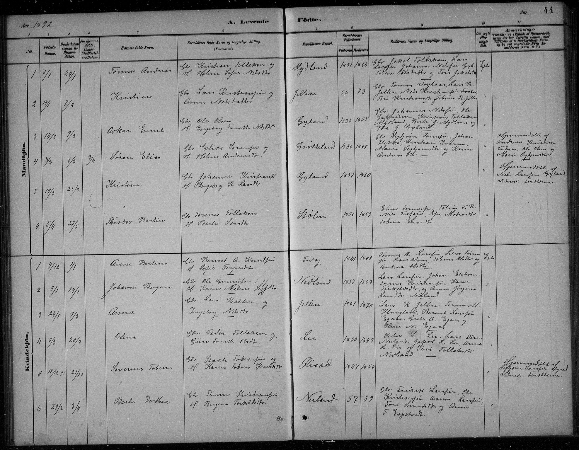 Bakke sokneprestkontor, SAK/1111-0002/F/Fb/Fbb/L0003: Parish register (copy) no. B 3, 1878-1896, p. 44