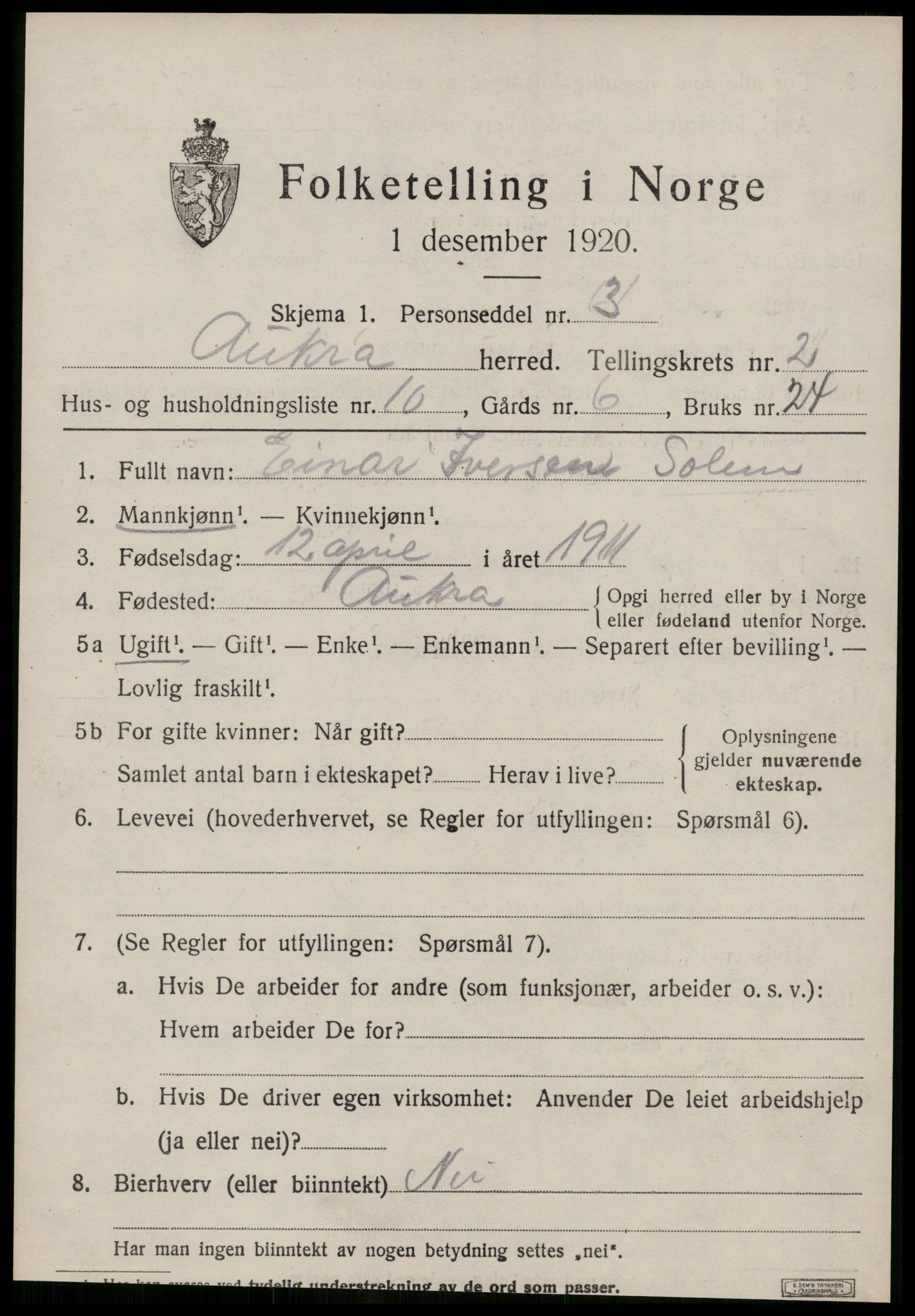 SAT, 1920 census for Aukra, 1920, p. 1733