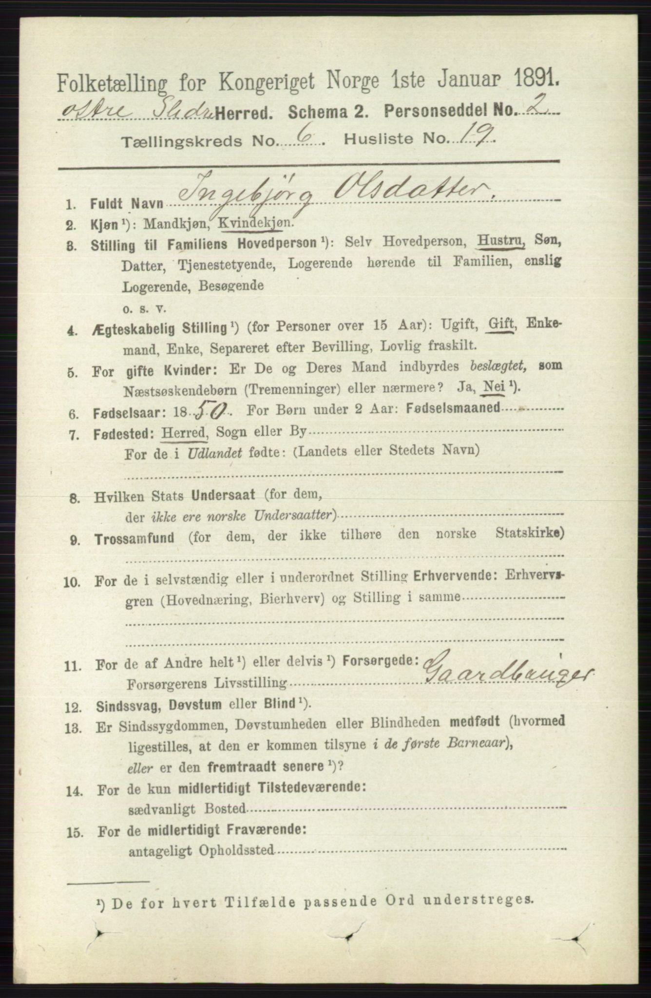 RA, 1891 census for 0544 Øystre Slidre, 1891, p. 1895