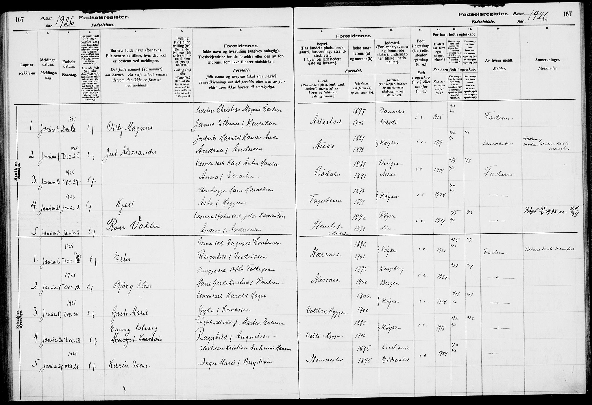 Røyken kirkebøker, AV/SAKO-A-241/J/Ja/L0001: Birth register no. 1, 1916-1927, p. 167