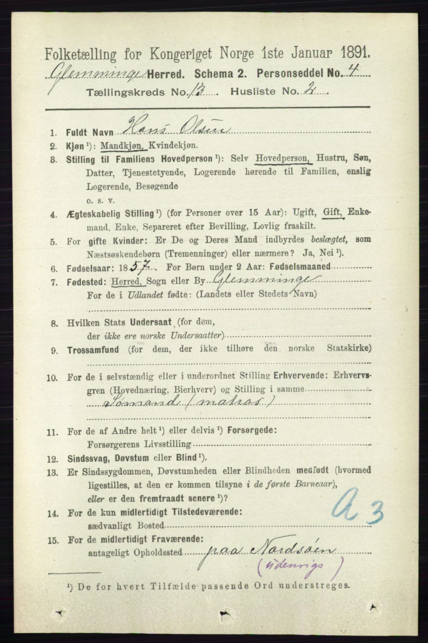 RA, 1891 census for 0132 Glemmen, 1891, p. 11174