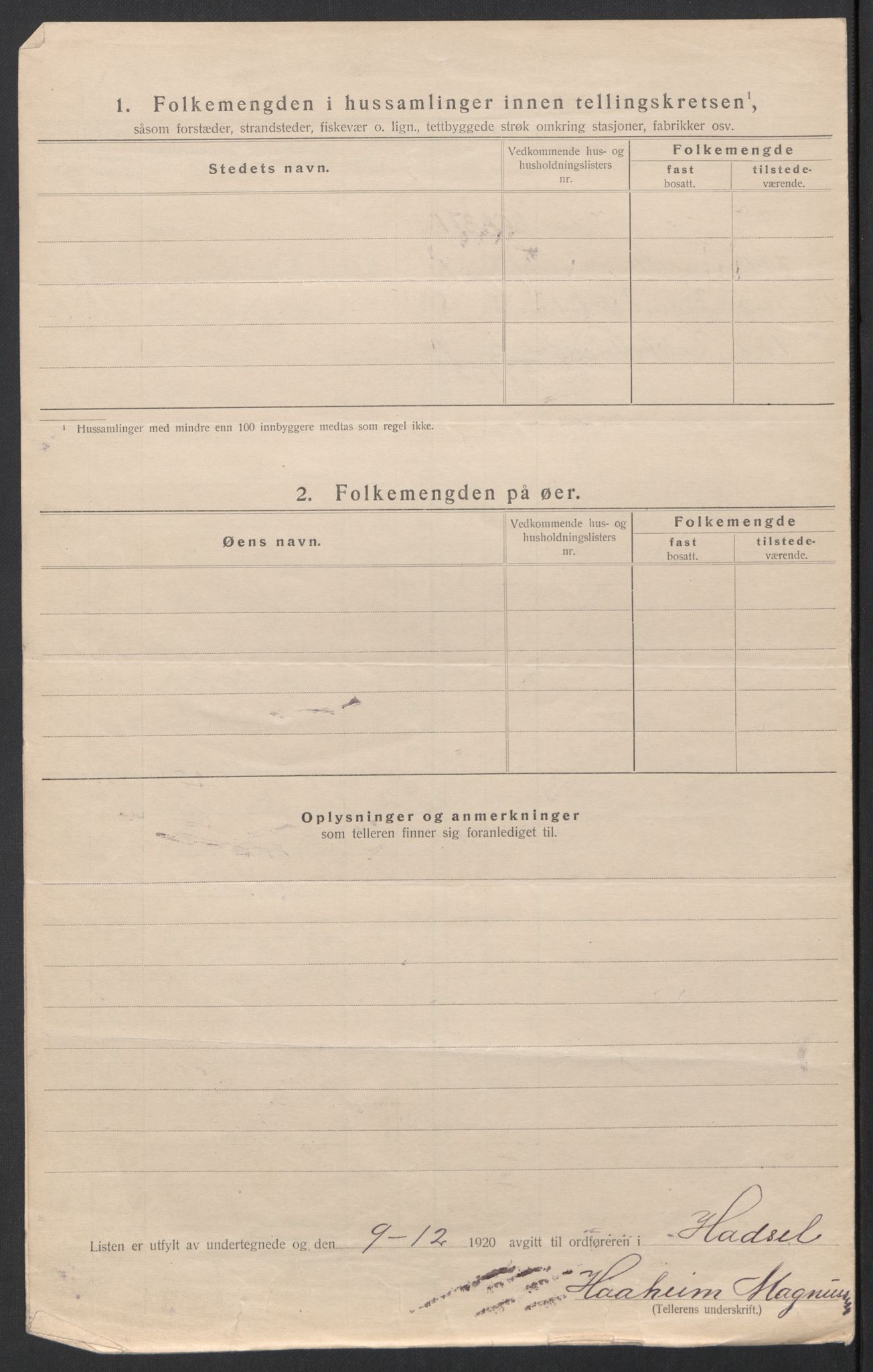 SAT, 1920 census for Hadsel, 1920, p. 71