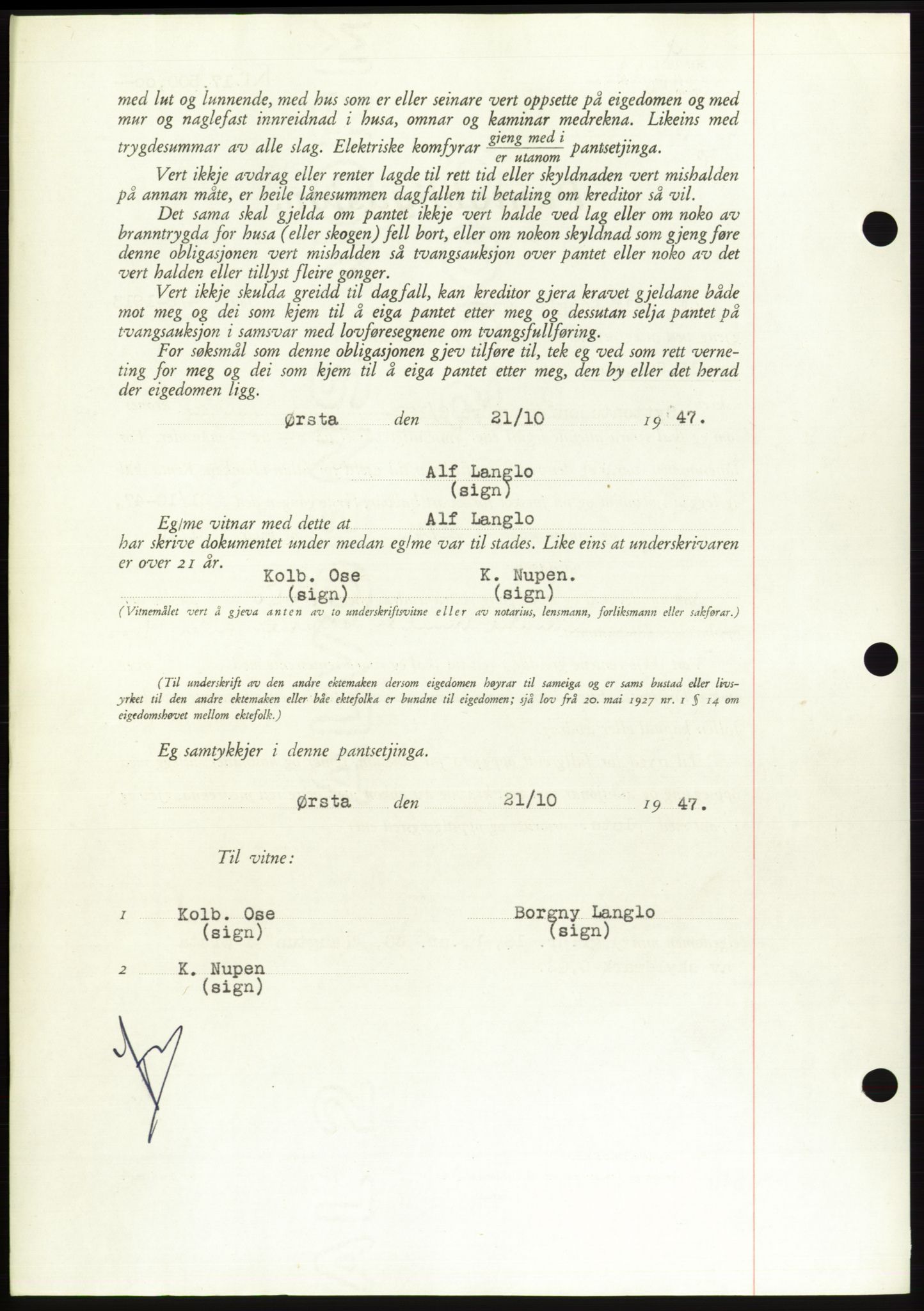 Søre Sunnmøre sorenskriveri, AV/SAT-A-4122/1/2/2C/L0115: Mortgage book no. 3B, 1947-1948, Diary no: : 1534/1947