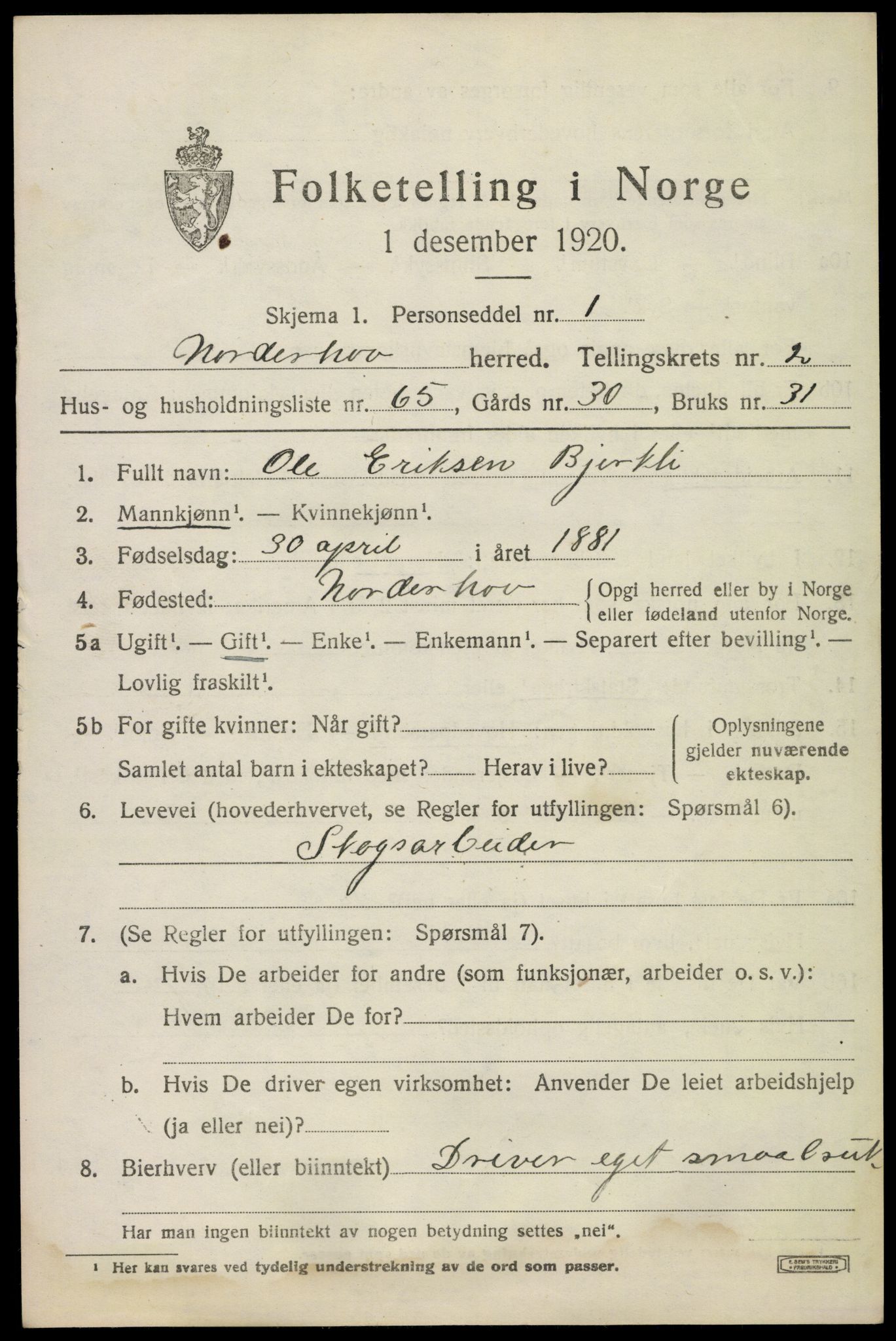 SAKO, 1920 census for Norderhov, 1920, p. 5228