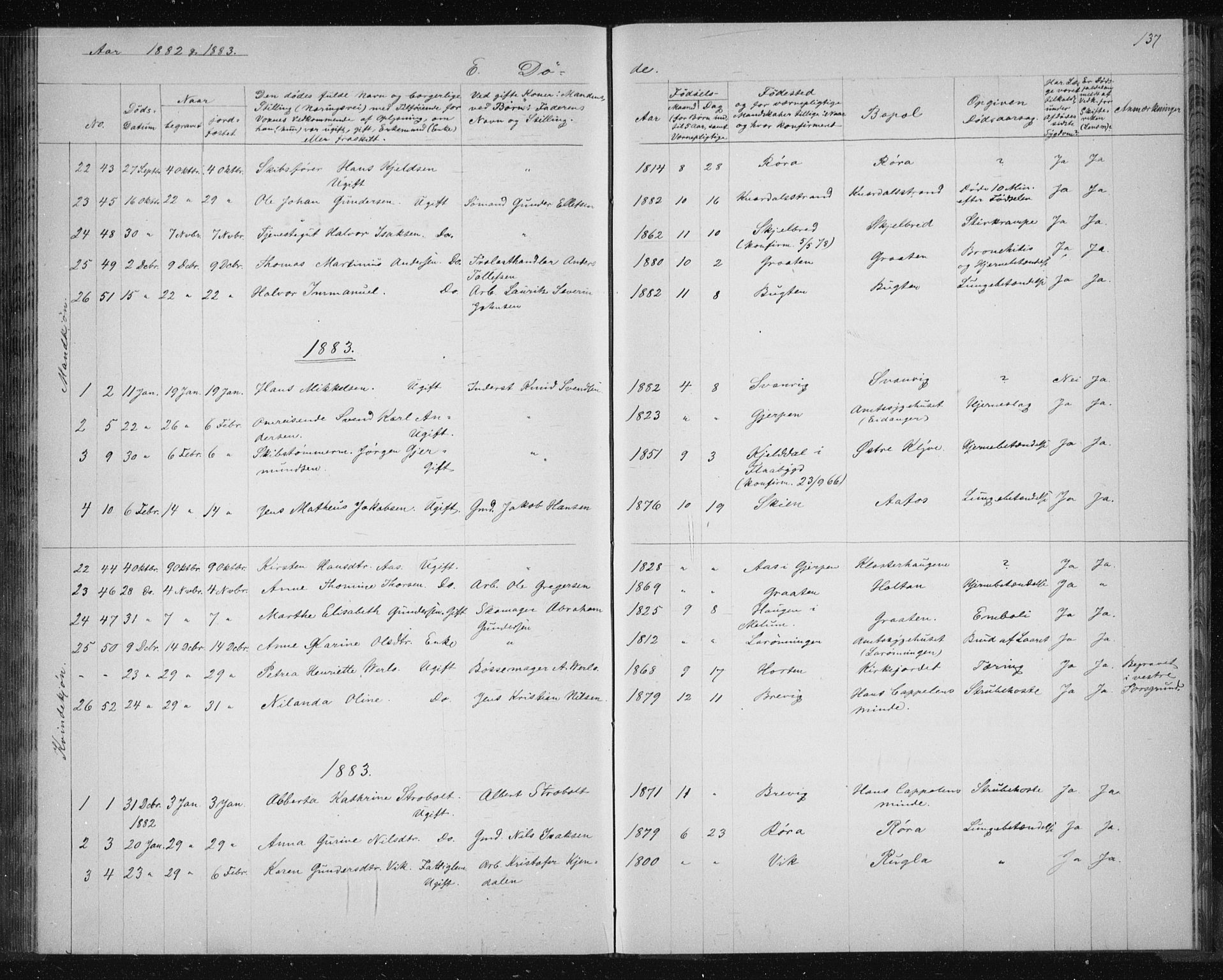 Solum kirkebøker, AV/SAKO-A-306/G/Ga/L0006: Parish register (copy) no. I 6, 1882-1883, p. 137