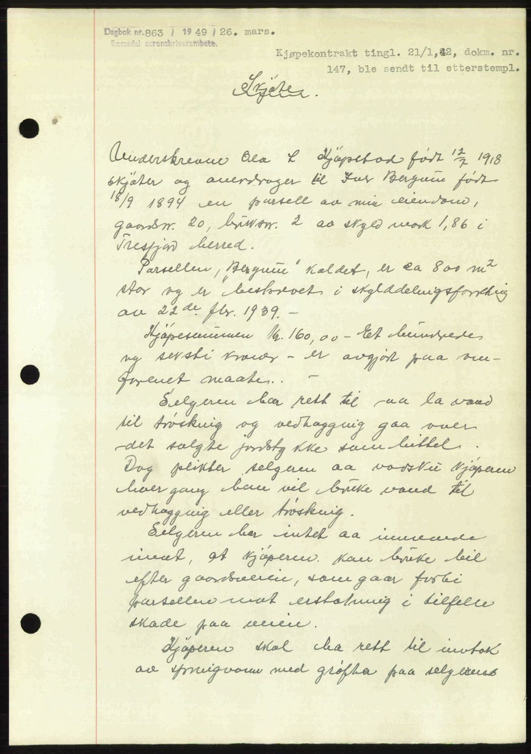 Romsdal sorenskriveri, AV/SAT-A-4149/1/2/2C: Mortgage book no. A29, 1949-1949, Diary no: : 863/1949