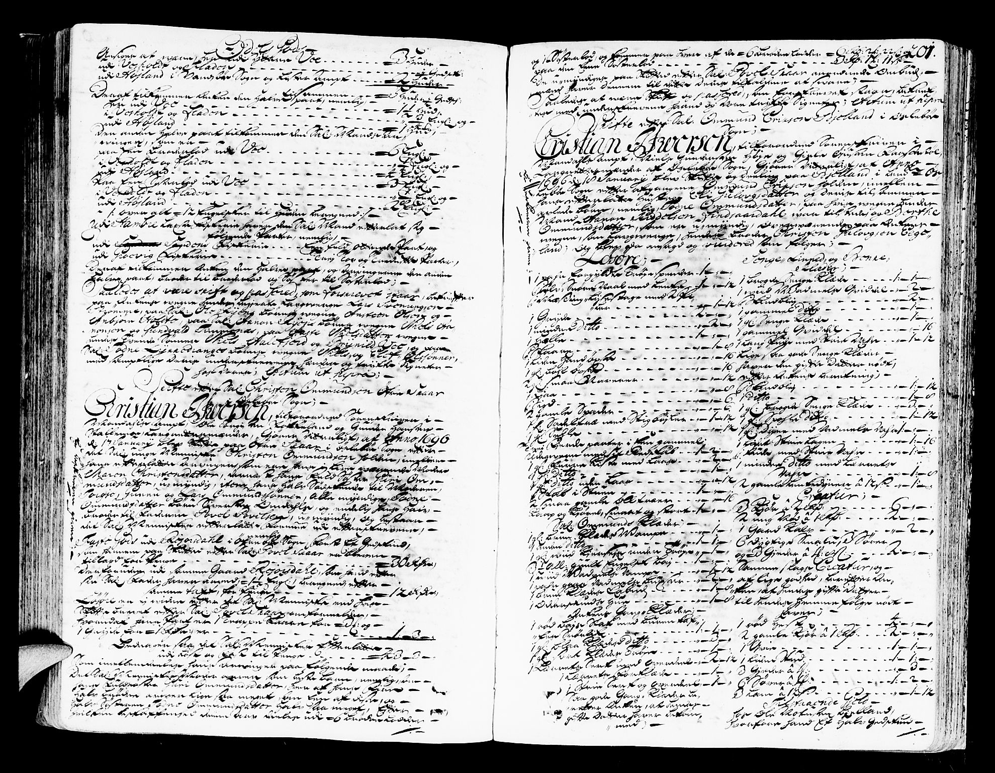 Mandal sorenskriveri, SAK/1221-0005/001/H/Hc/L0008: Skifteprotokoll med register, original i eske nr 4a, 1693-1702, p. 200b-201a