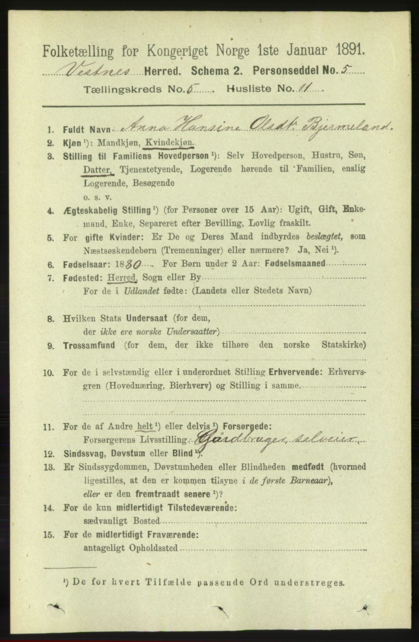 RA, 1891 census for 1535 Vestnes, 1891, p. 1879