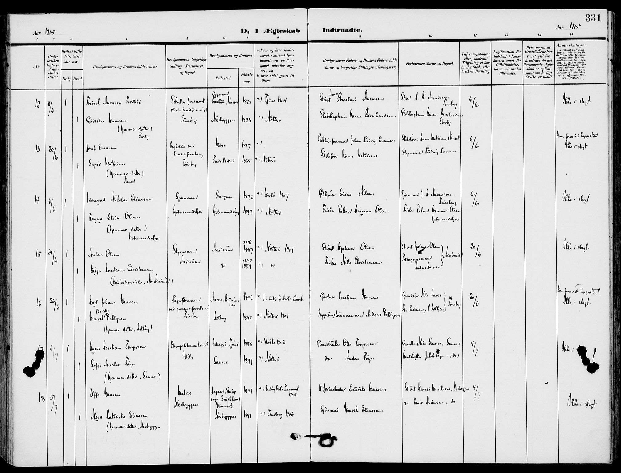 Nøtterøy kirkebøker, AV/SAKO-A-354/F/Fa/L0010: Parish register (official) no. I 10, 1908-1919, p. 331