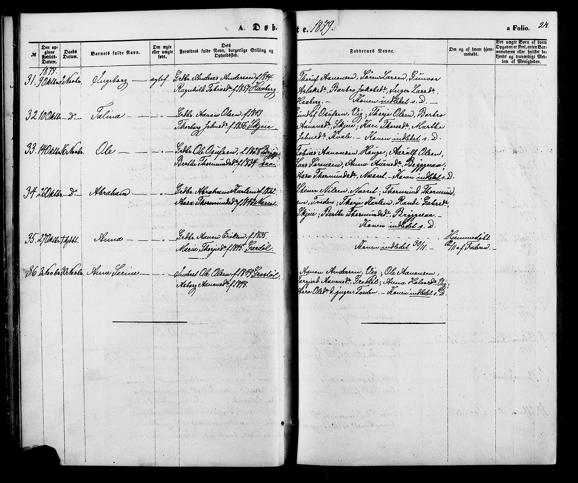 Hægebostad sokneprestkontor, AV/SAK-1111-0024/F/Fa/Fab/L0003: Parish register (official) no. A 3, 1872-1886, p. 24
