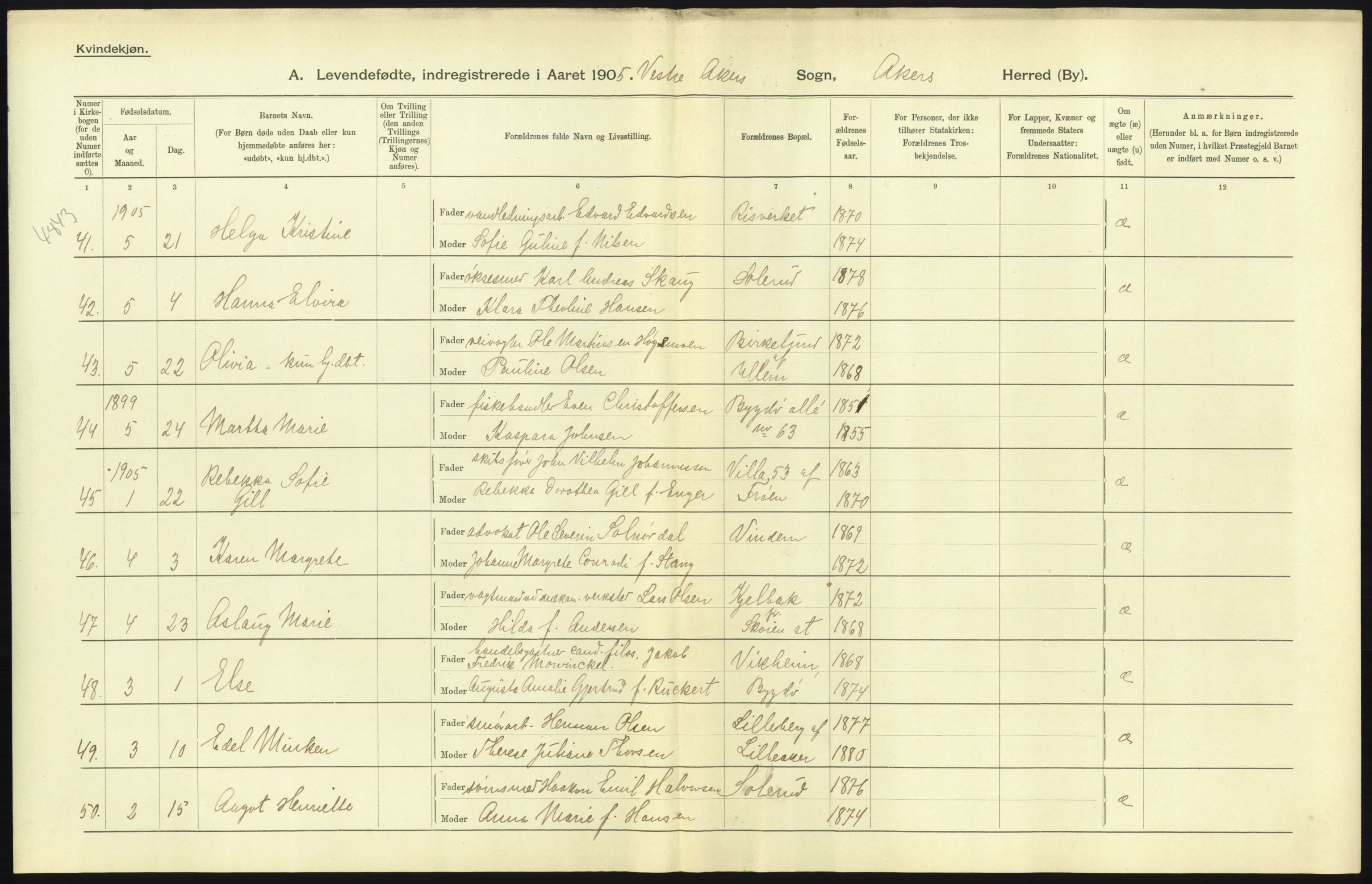 Statistisk sentralbyrå, Sosiodemografiske emner, Befolkning, RA/S-2228/D/Df/Dfa/Dfac/L0004: Akershus amt: Fødte. Bygder., 1905, p. 29