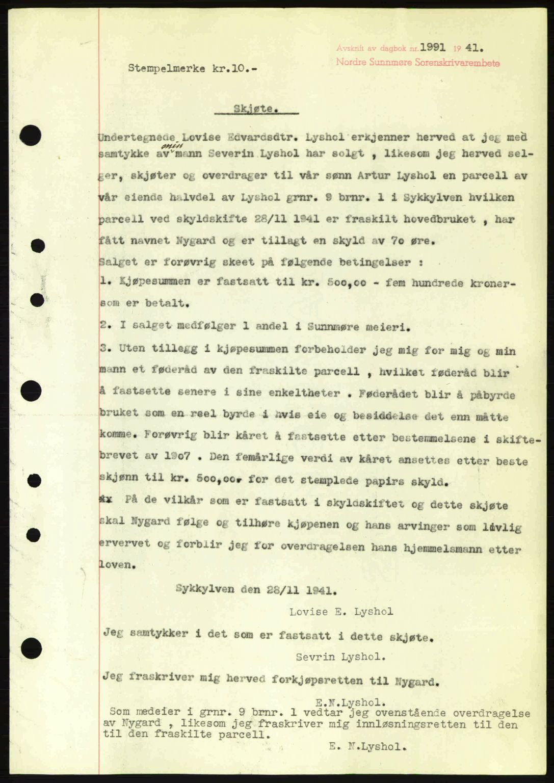 Nordre Sunnmøre sorenskriveri, AV/SAT-A-0006/1/2/2C/2Ca: Mortgage book no. A12, 1941-1942, Diary no: : 1991/1941