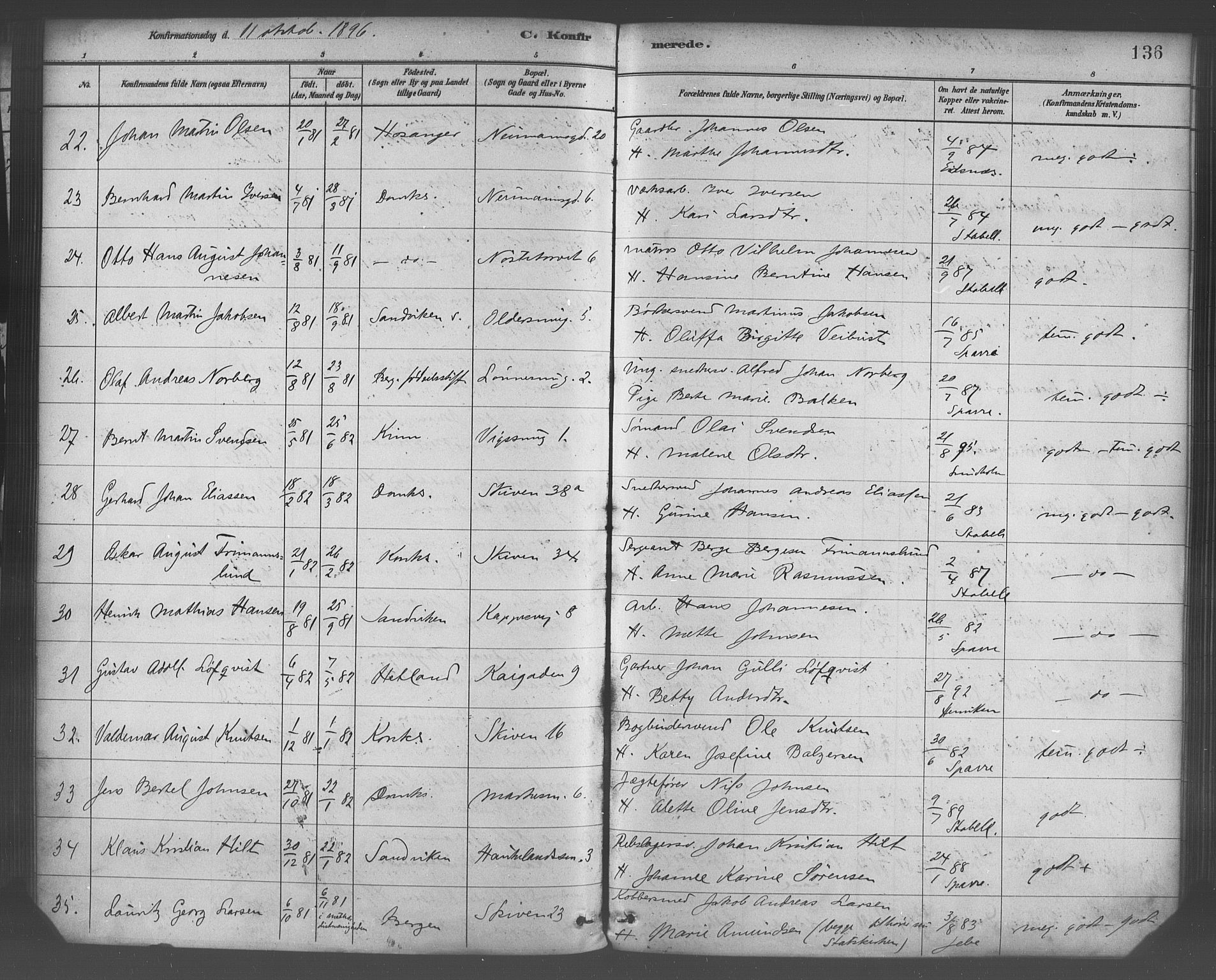 Domkirken sokneprestembete, AV/SAB-A-74801/H/Haa/L0030: Parish register (official) no. C 5, 1880-1898, p. 136