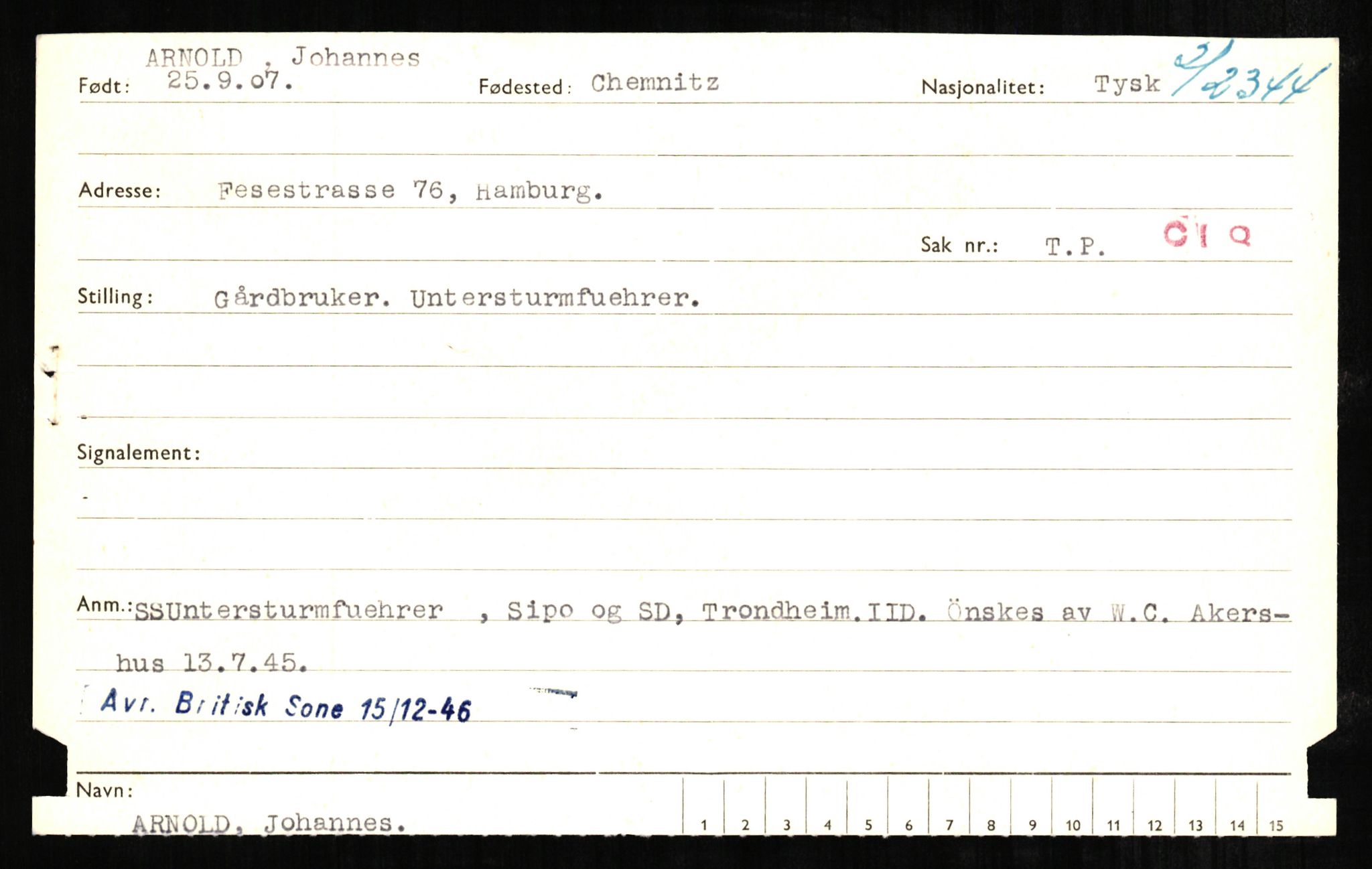 Forsvaret, Forsvarets overkommando II, AV/RA-RAFA-3915/D/Db/L0001: CI Questionaires. Tyske okkupasjonsstyrker i Norge. Tyskere., 1945-1946, p. 346