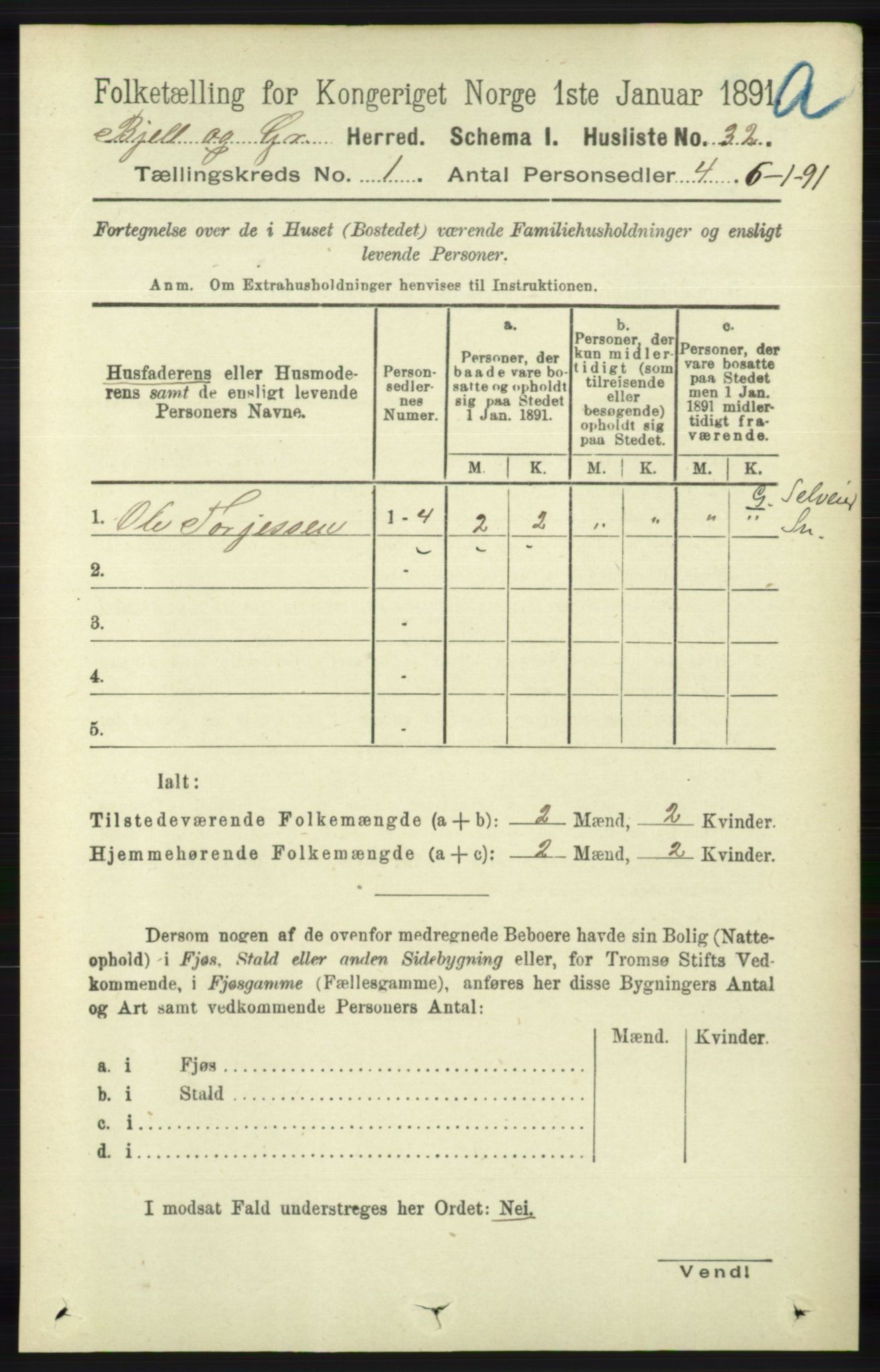 RA, 1891 census for 1024 Bjelland og Grindheim, 1891, p. 55