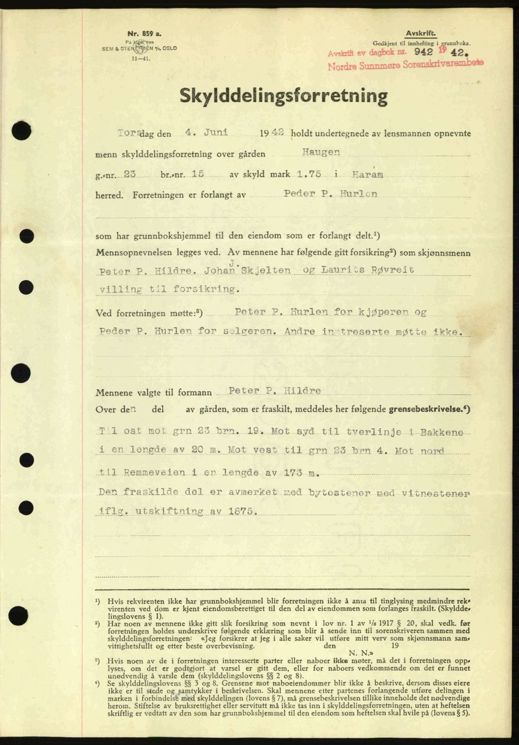 Nordre Sunnmøre sorenskriveri, AV/SAT-A-0006/1/2/2C/2Ca: Mortgage book no. A13, 1942-1942, Diary no: : 942/1942