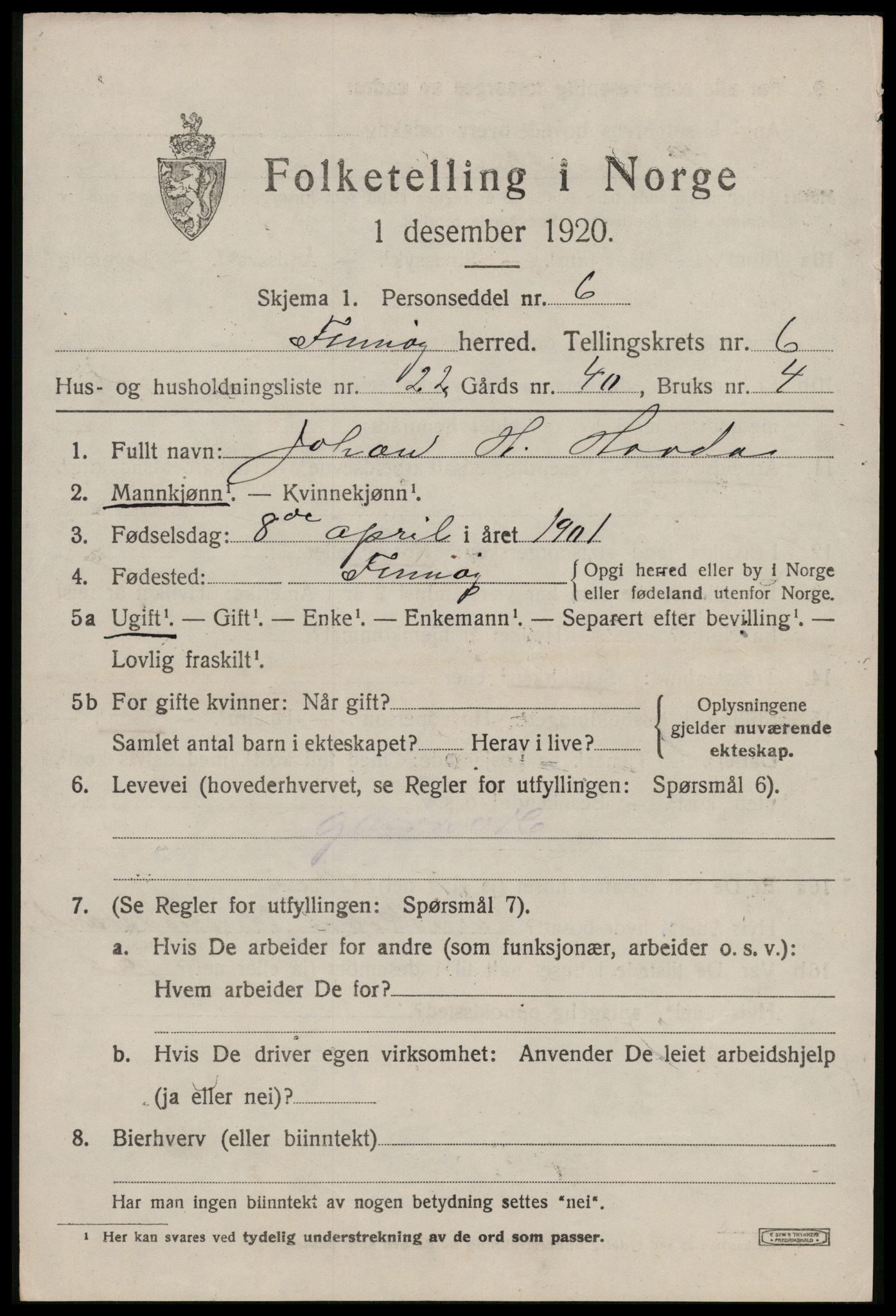 SAST, 1920 census for Finnøy, 1920, p. 3522