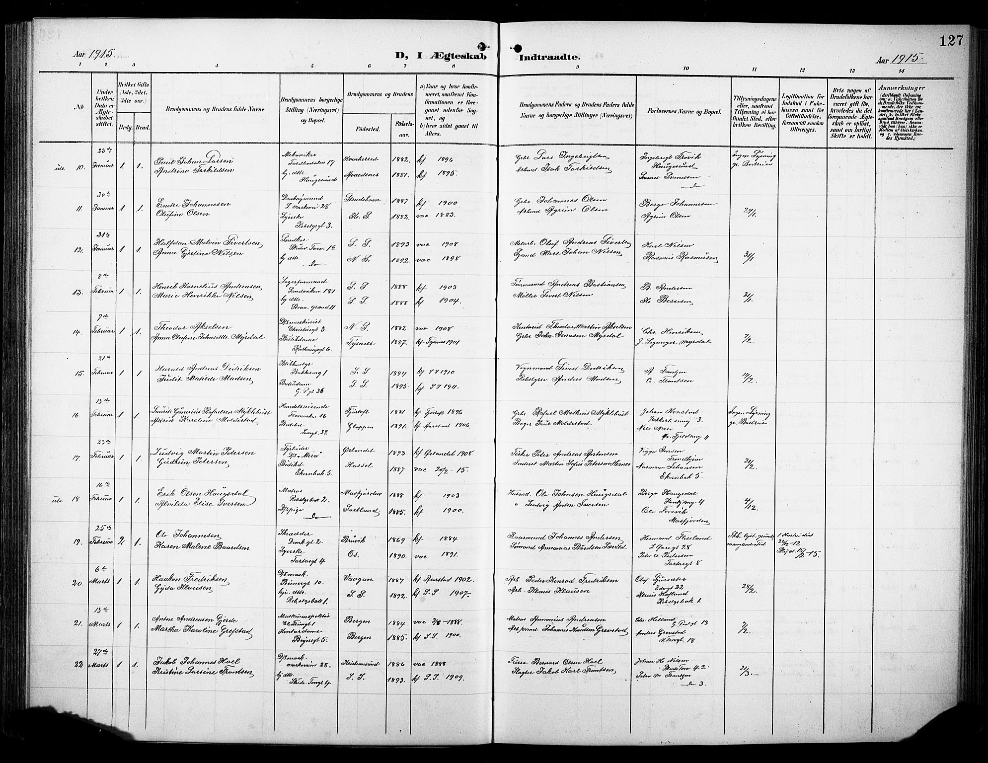 Sandviken Sokneprestembete, AV/SAB-A-77601/H/Hb/L0014: Parish register (copy) no. D 1, 1902-1929, p. 127