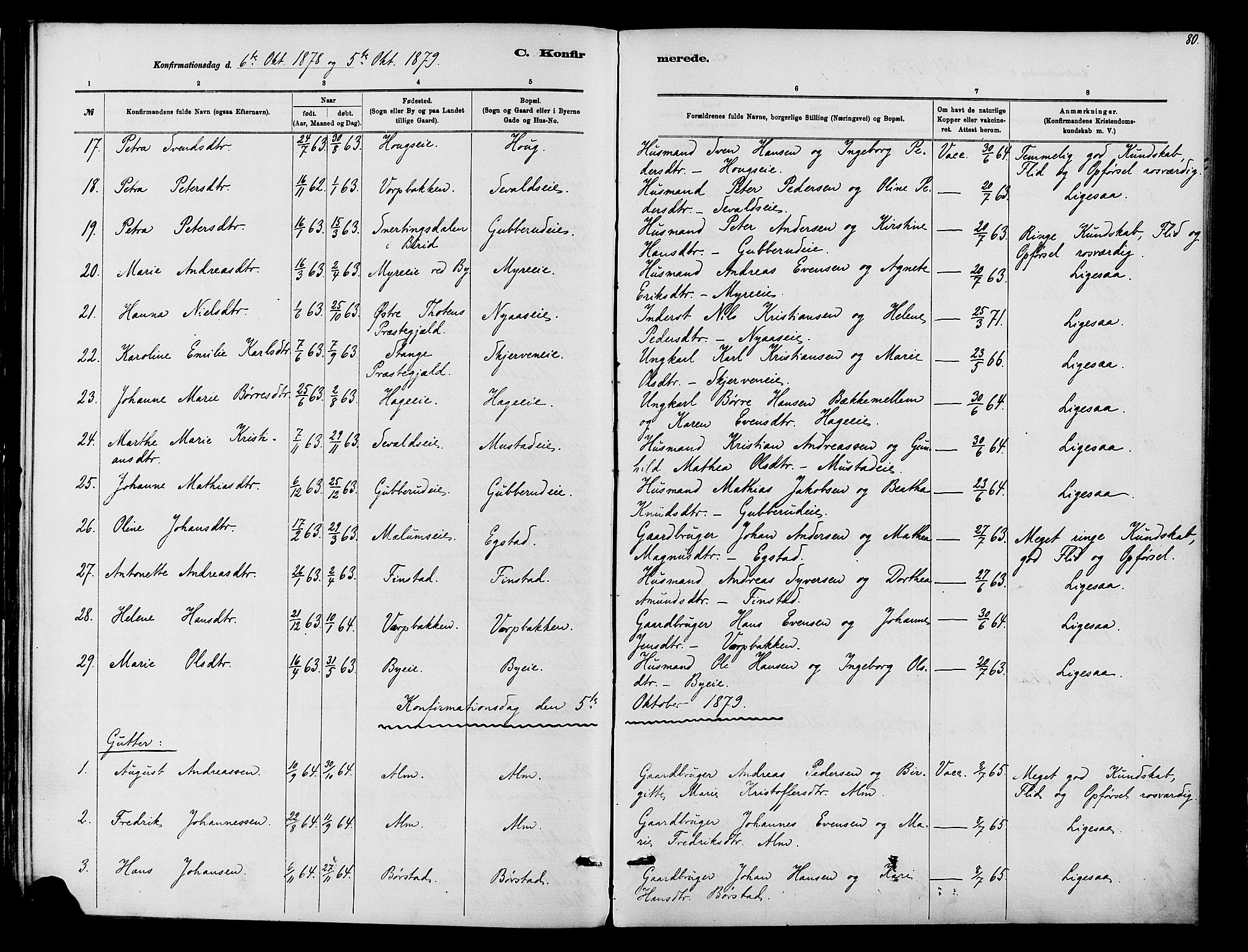 Vardal prestekontor, AV/SAH-PREST-100/H/Ha/Haa/L0010: Parish register (official) no. 10, 1878-1893, p. 80