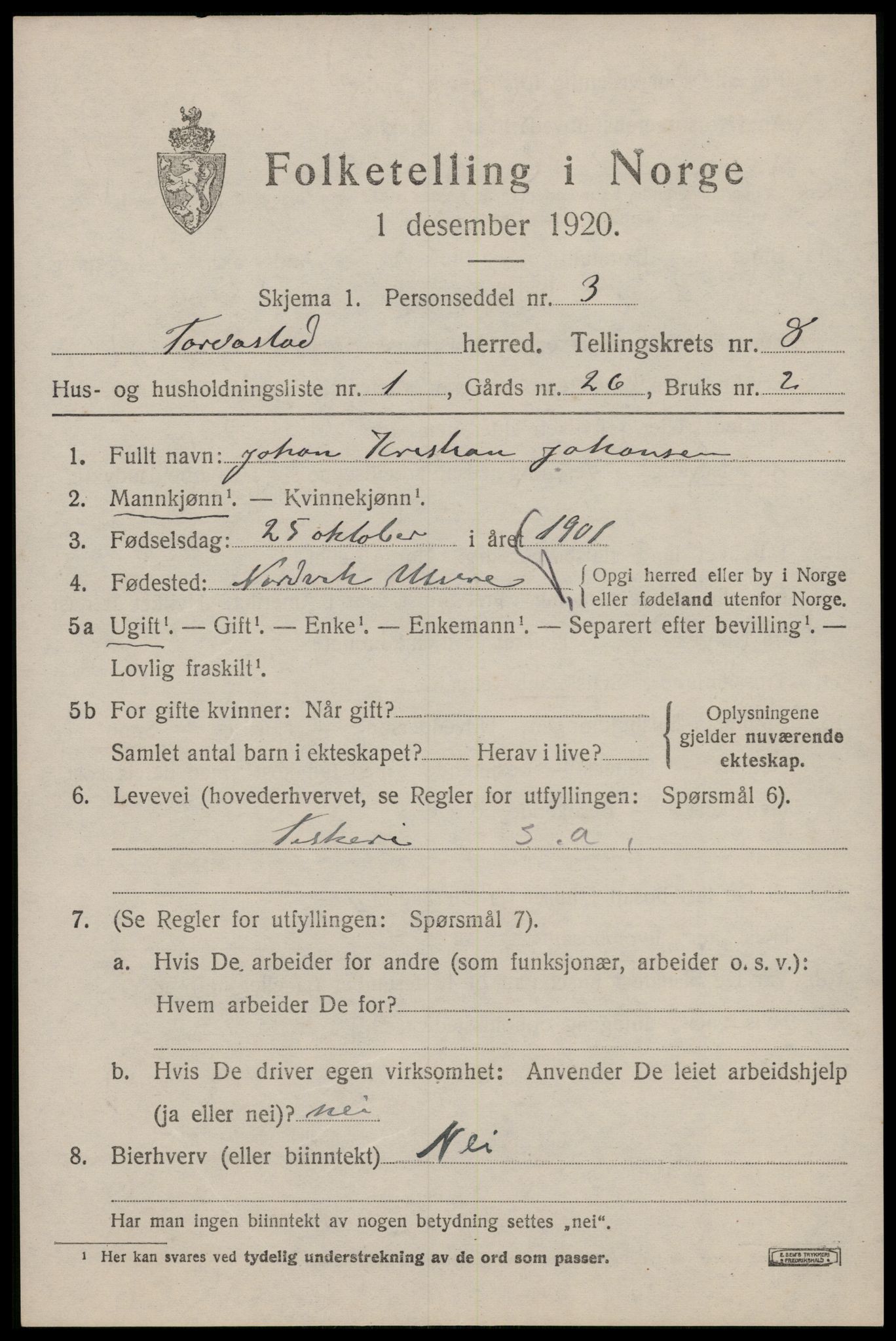 SAST, 1920 census for Torvastad, 1920, p. 5624
