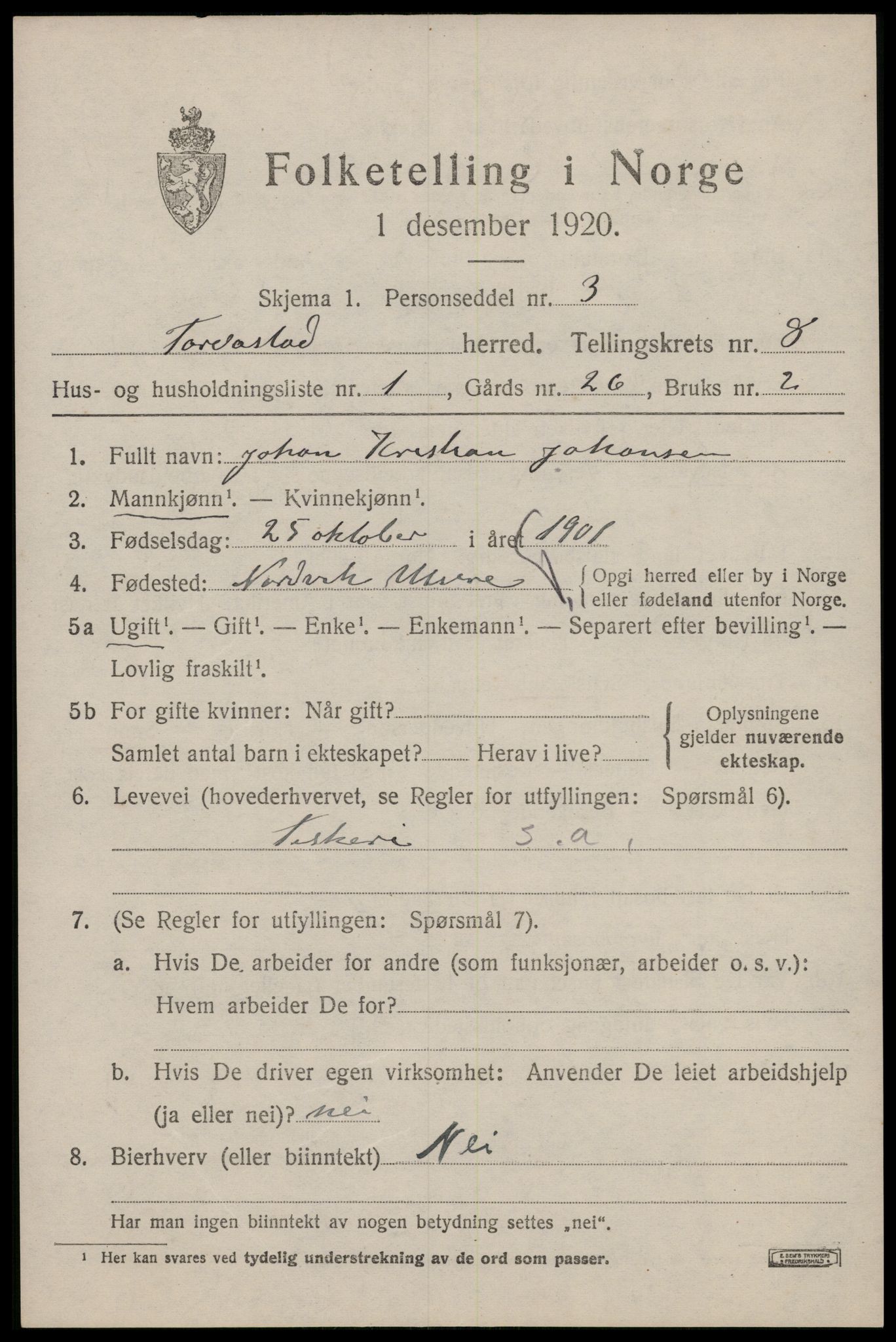 SAST, 1920 census for Torvastad, 1920, p. 5624