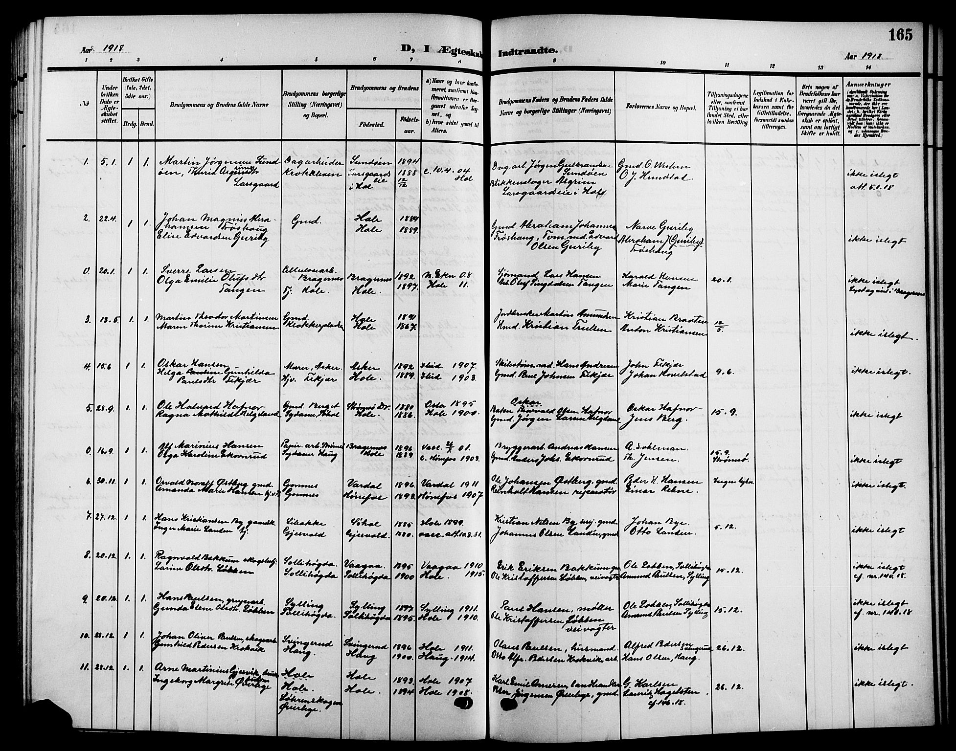 Hole kirkebøker, SAKO/A-228/G/Ga/L0004: Parish register (copy) no. I 4, 1905-1924, p. 165