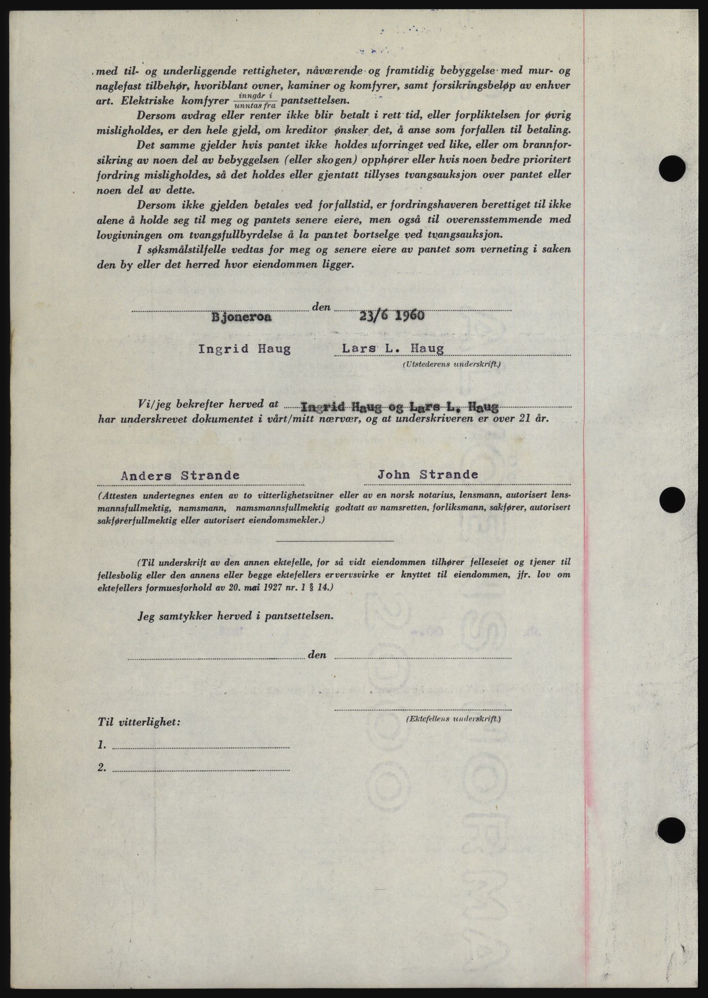 Hadeland og Land tingrett, SAH/TING-010/H/Hb/Hbc/L0043: Mortgage book no. B43, 1960-1960, Diary no: : 2825/1960