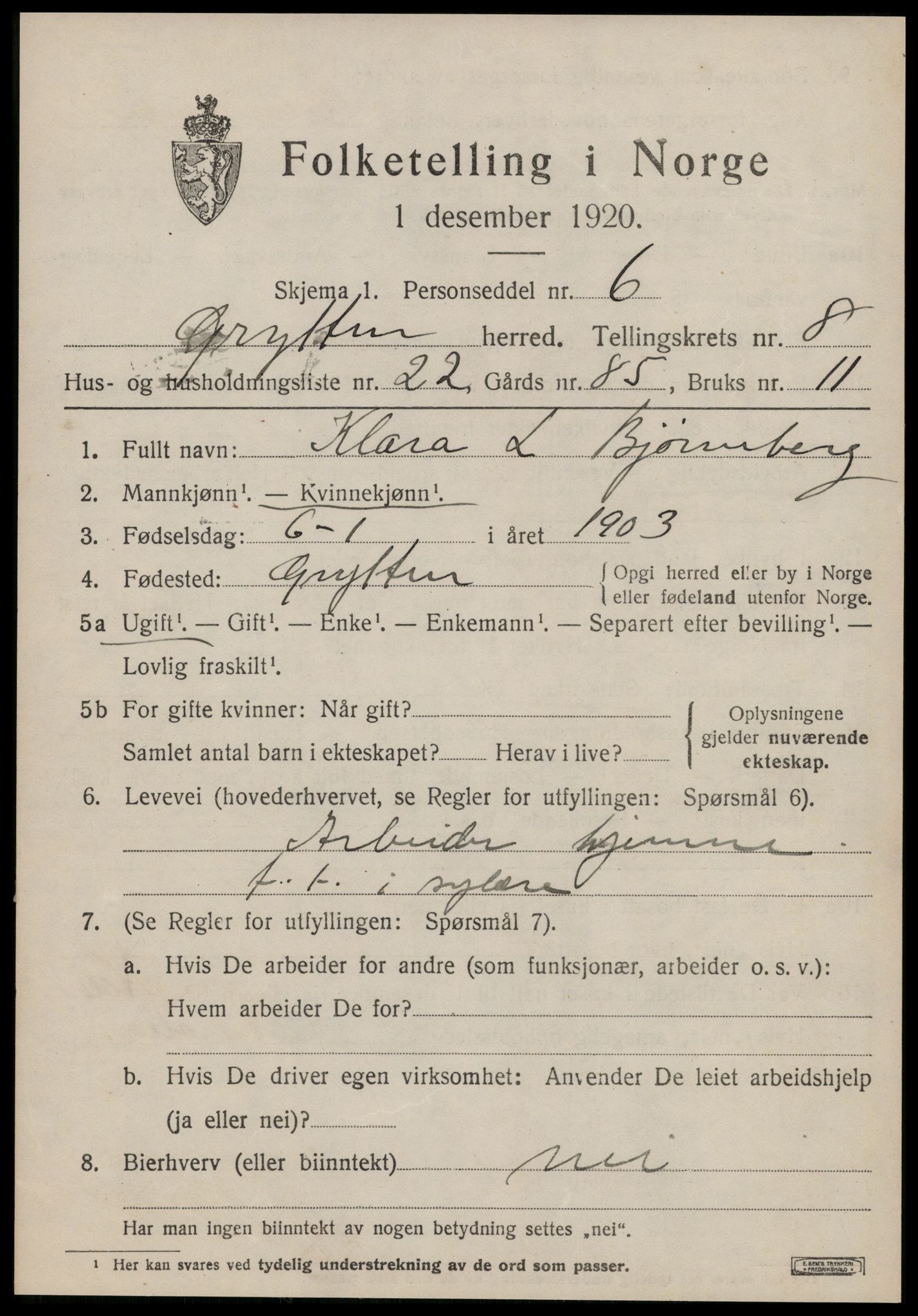 SAT, 1920 census for Grytten, 1920, p. 6196