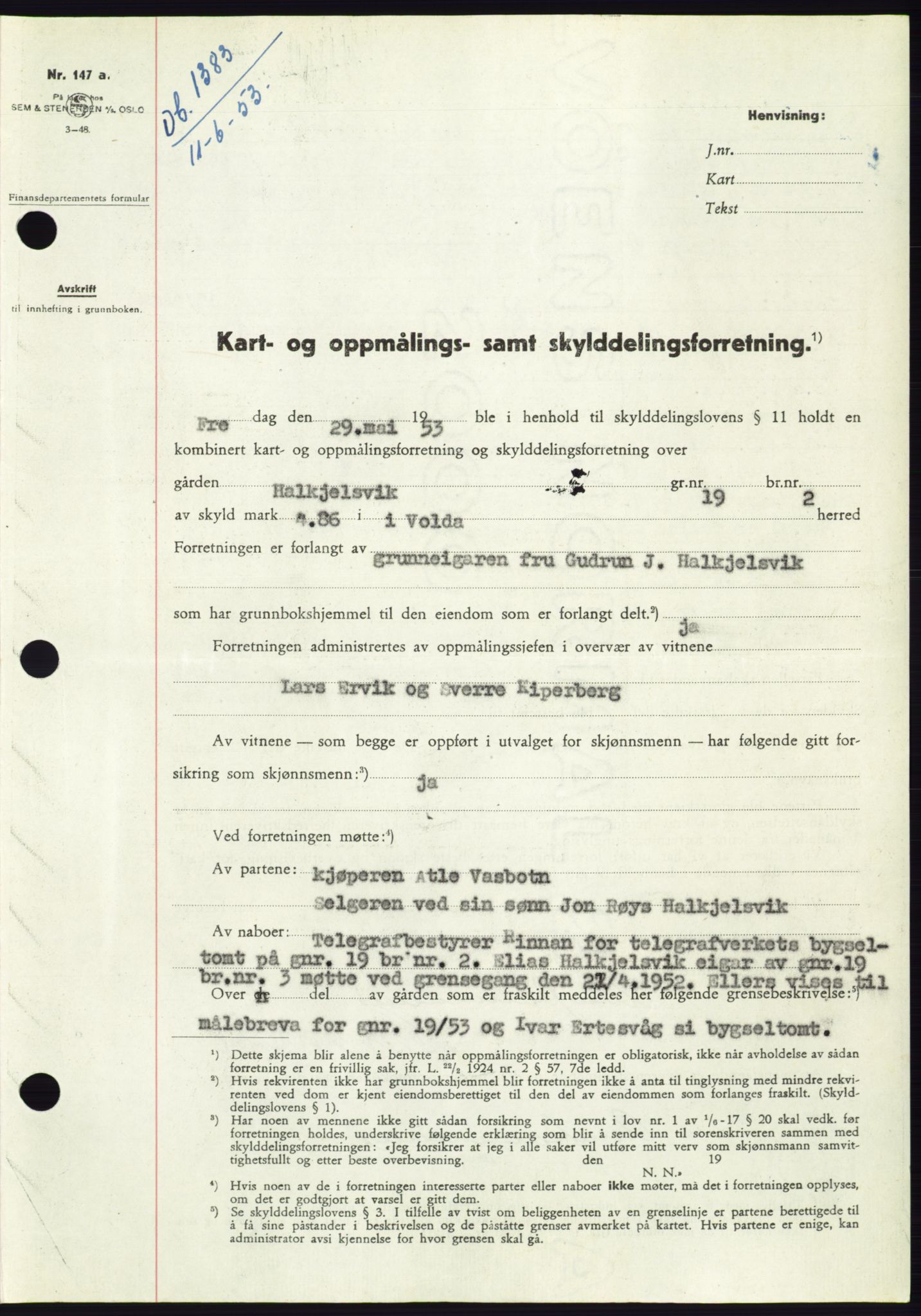 Søre Sunnmøre sorenskriveri, AV/SAT-A-4122/1/2/2C/L0095: Mortgage book no. 21A, 1953-1953, Diary no: : 1383/1953