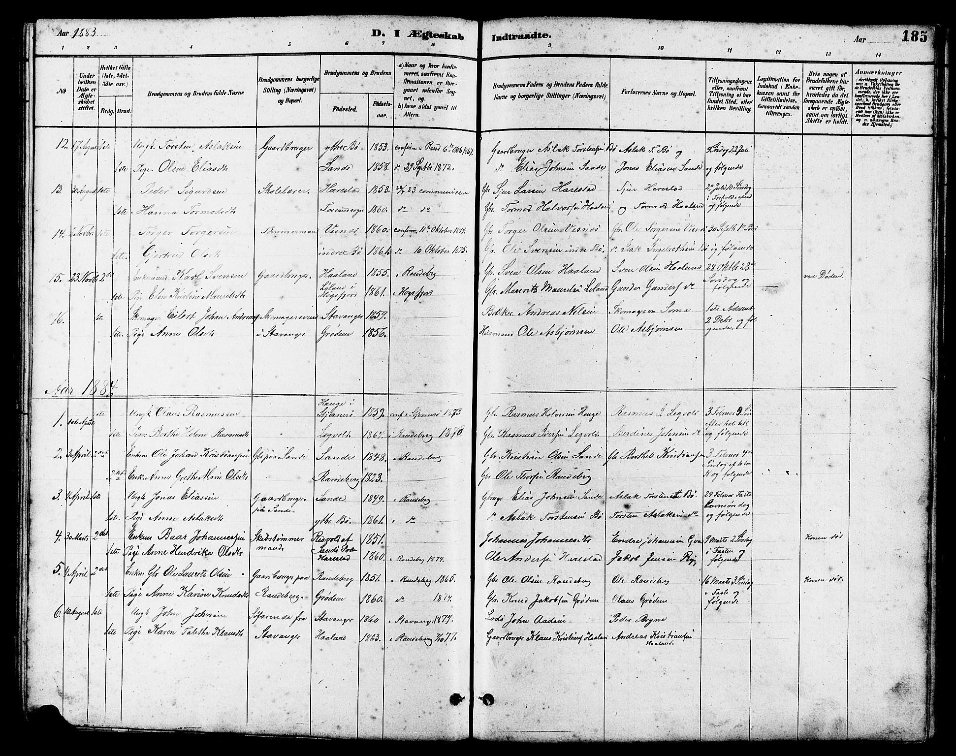 Hetland sokneprestkontor, SAST/A-101826/30/30BB/L0006: Parish register (copy) no. B 6, 1878-1921, p. 185