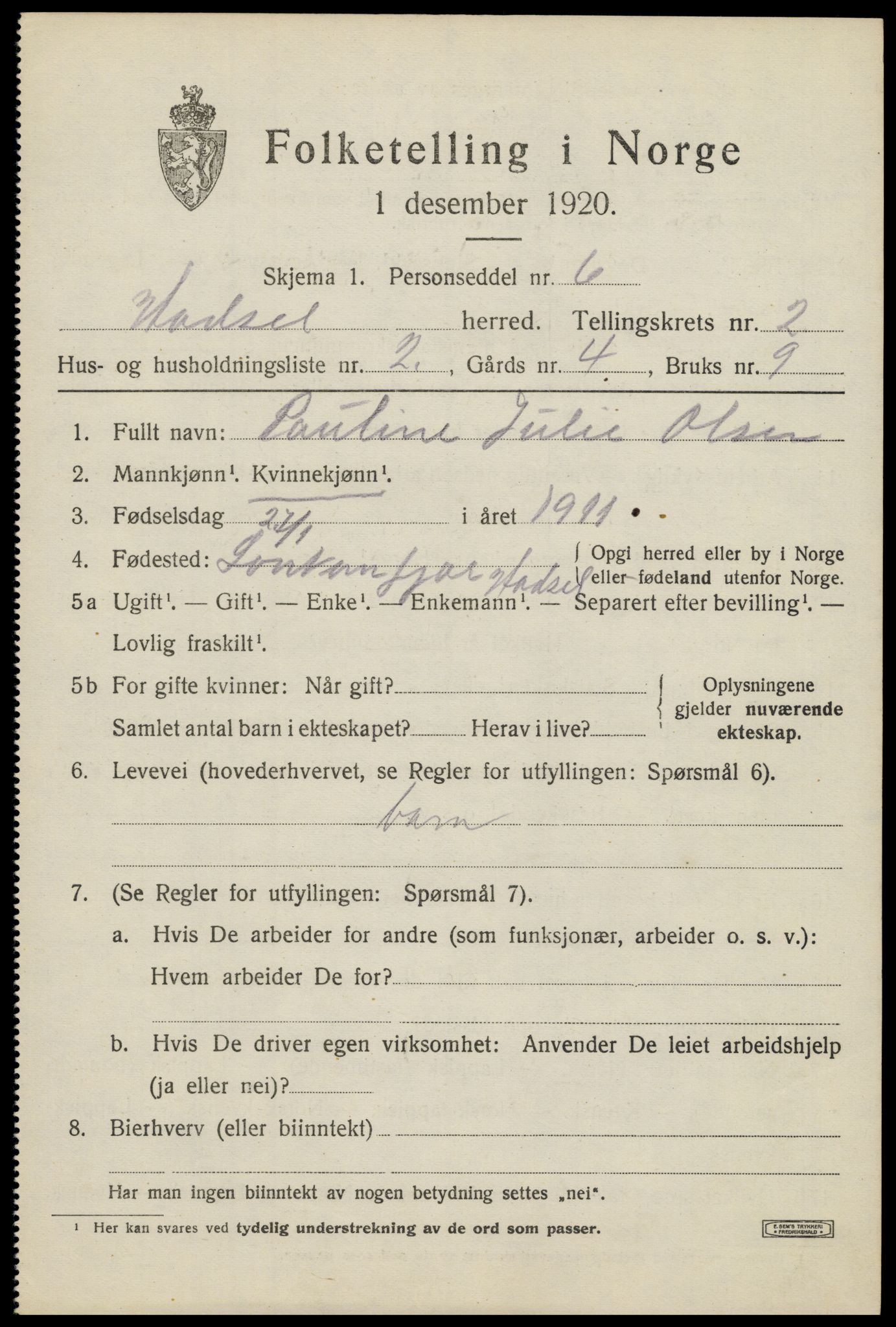 SAT, 1920 census for Hadsel, 1920, p. 3990